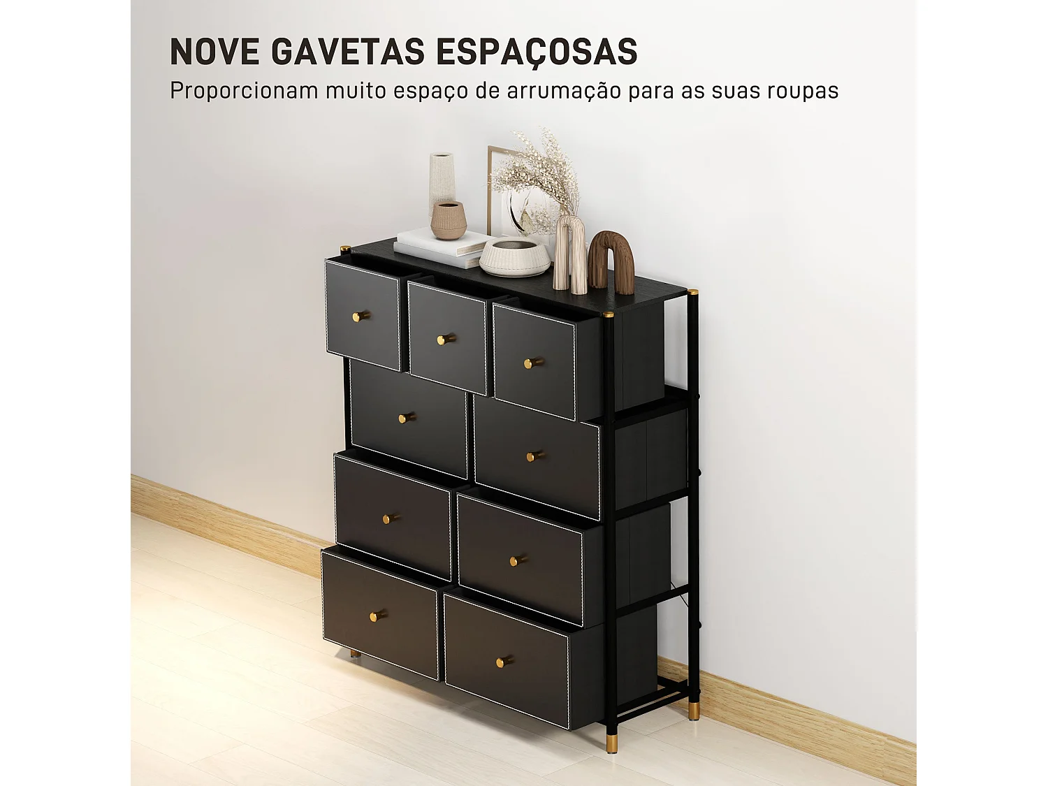 Cómoda Manchester Homcom 9 cajones negro/dorado 103,5x88x30 cm