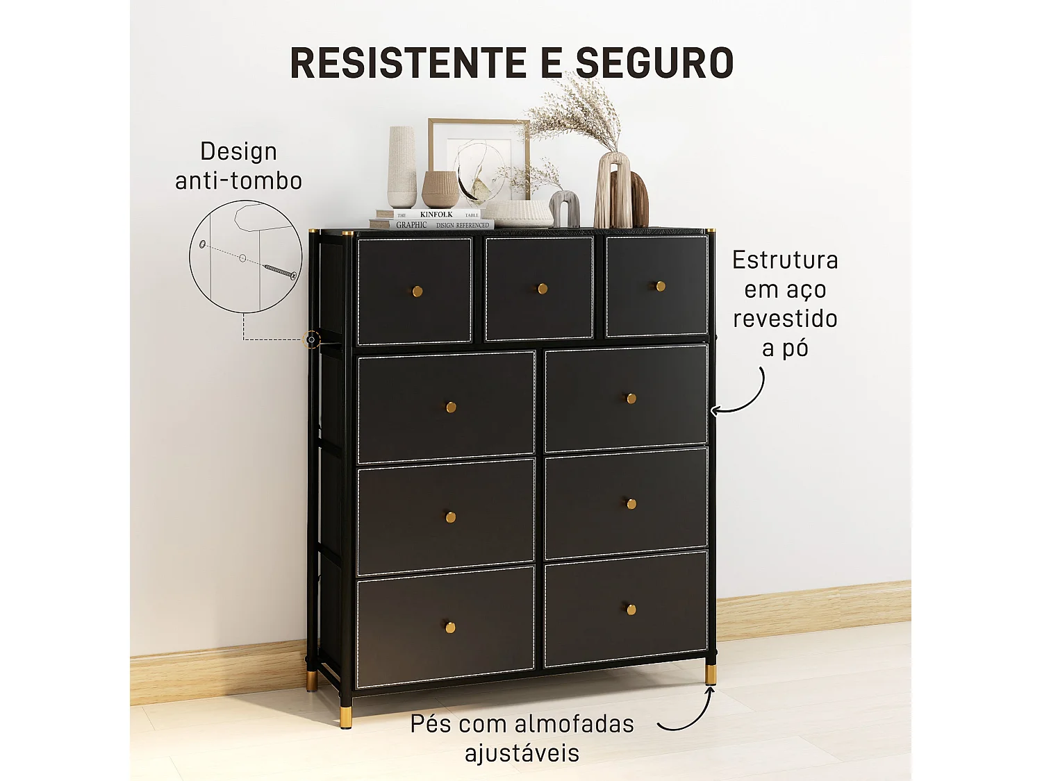 Cómoda Manchester Homcom 9 cajones negro/dorado 103,5x88x30 cm