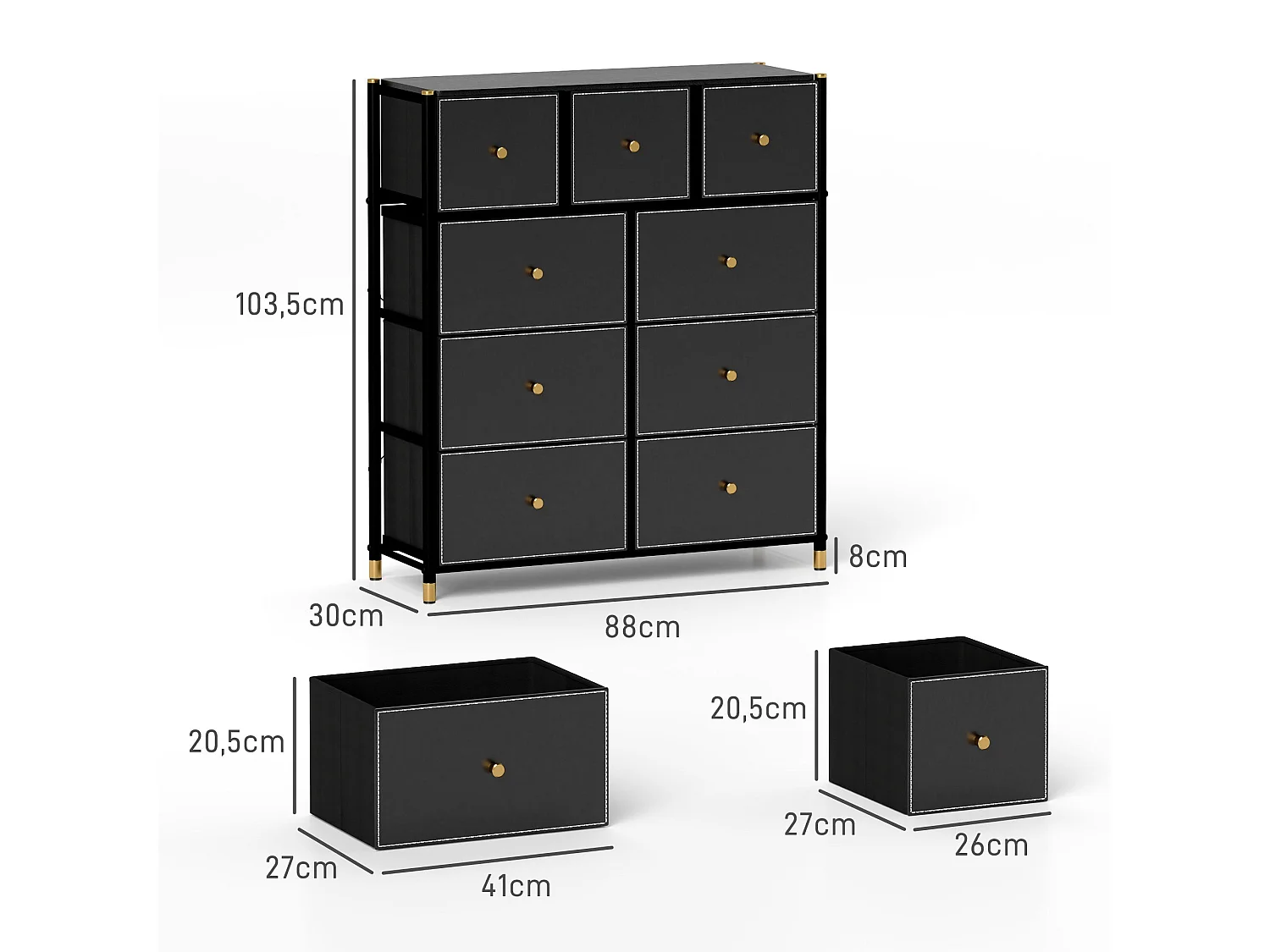 Cómoda Manchester Homcom 9 cajones negro/dorado 103,5x88x30 cm