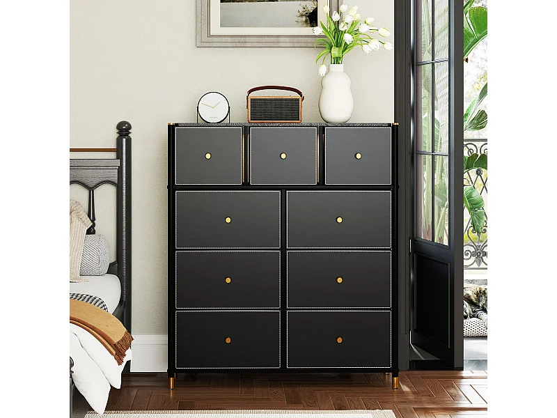 Cómoda Manchester Homcom 9 cajones negro/dorado 103,5x88x30 cm