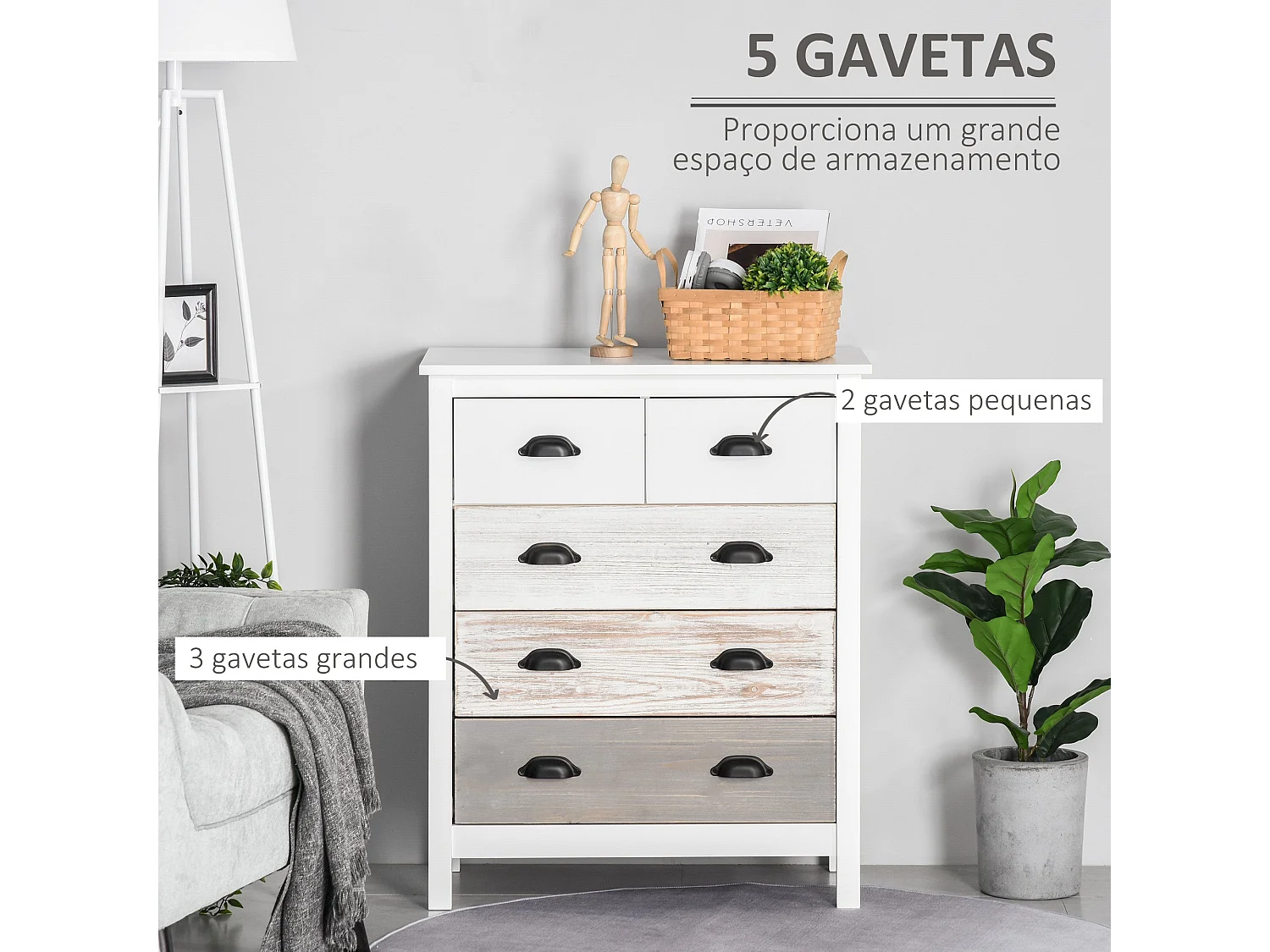 Cómoda Moderna com 5 Gavetas para Quarto, Sala e Corredor - Design Antitombo em Branco