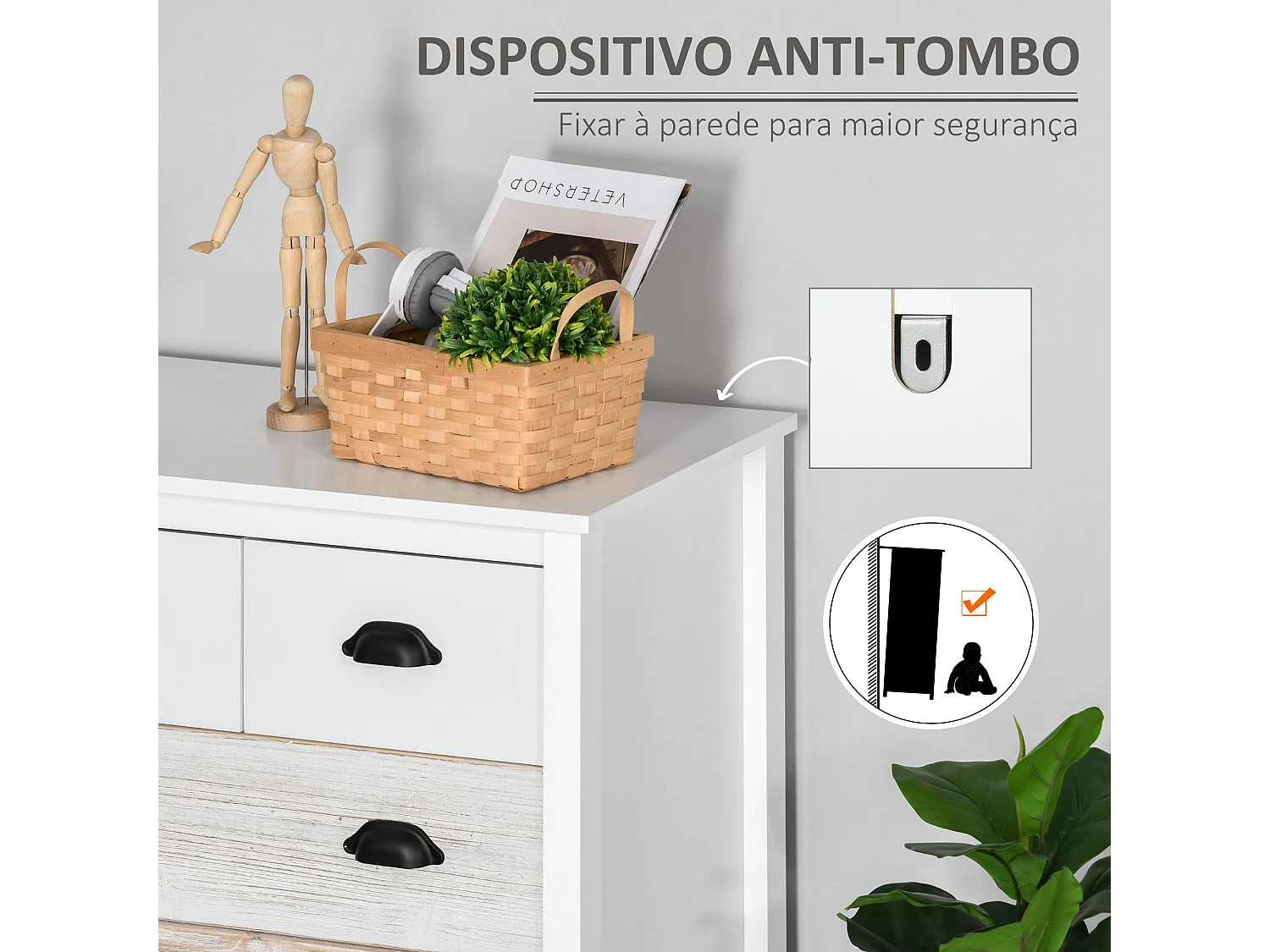 Cómoda Moderna com 5 Gavetas para Quarto, Sala e Corredor - Design Antitombo em Branco