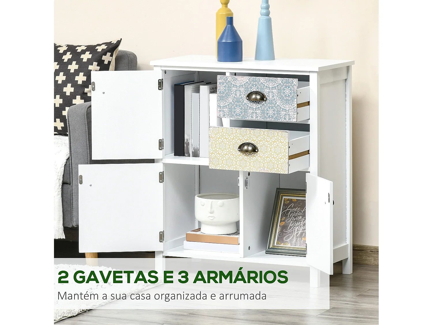 Cómoda Hortensia Homcom 2 cajones + 3 armarios blanco 80x68x34 cm