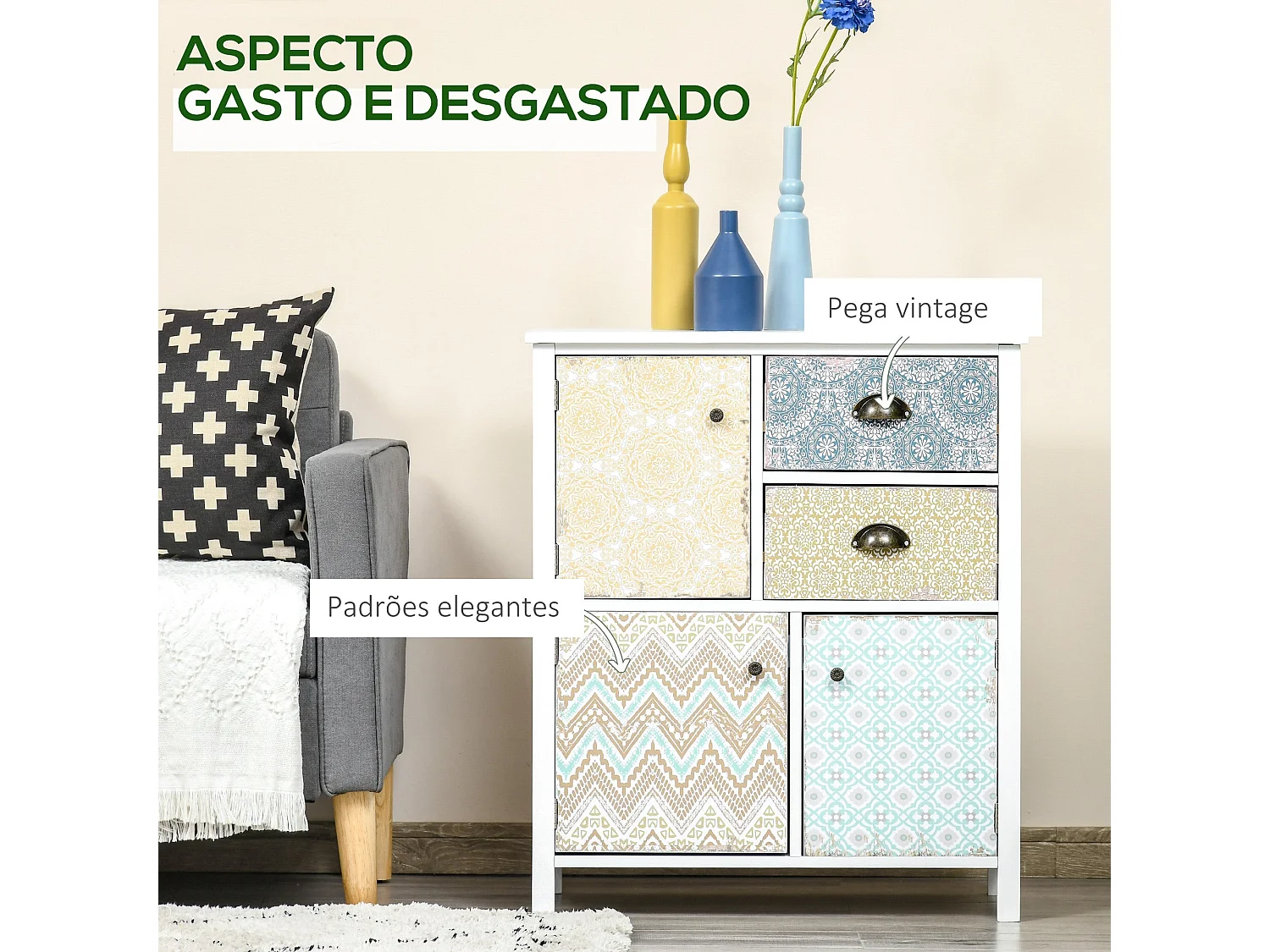 Cómoda Hortensia Homcom 2 cajones + 3 armarios blanco 80x68x34 cm