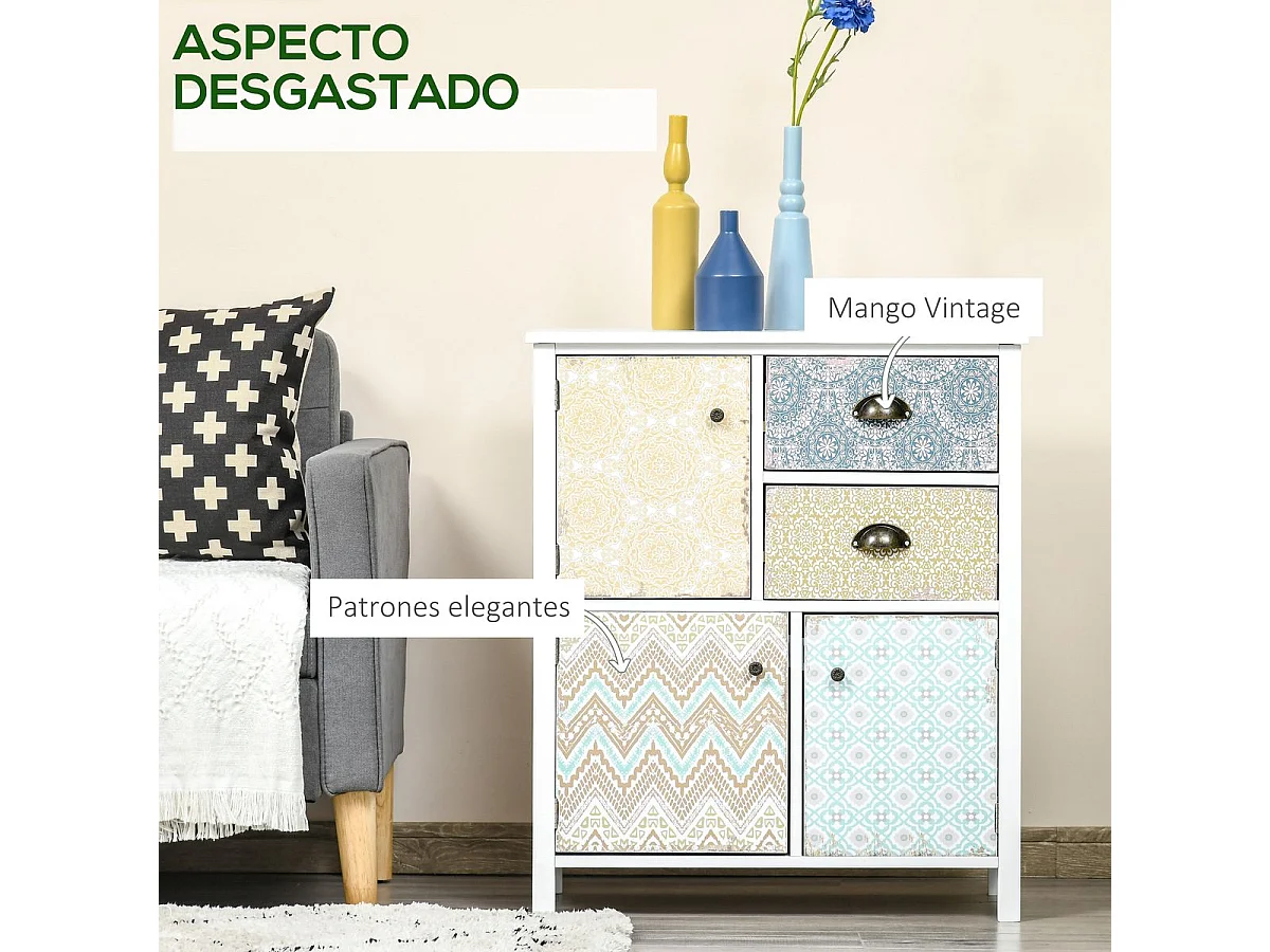 Cómoda Hortensia Homcom 2 cajones + 3 armarios blanco 80x68x34 cm