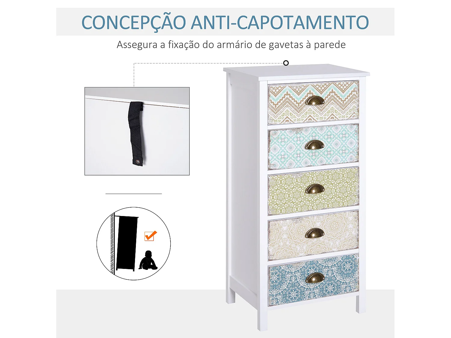 Cómoda Moderna de Madeira com 5 Gavetas Coloridas e Estilo Vintage para Quarto e Sala de Estar