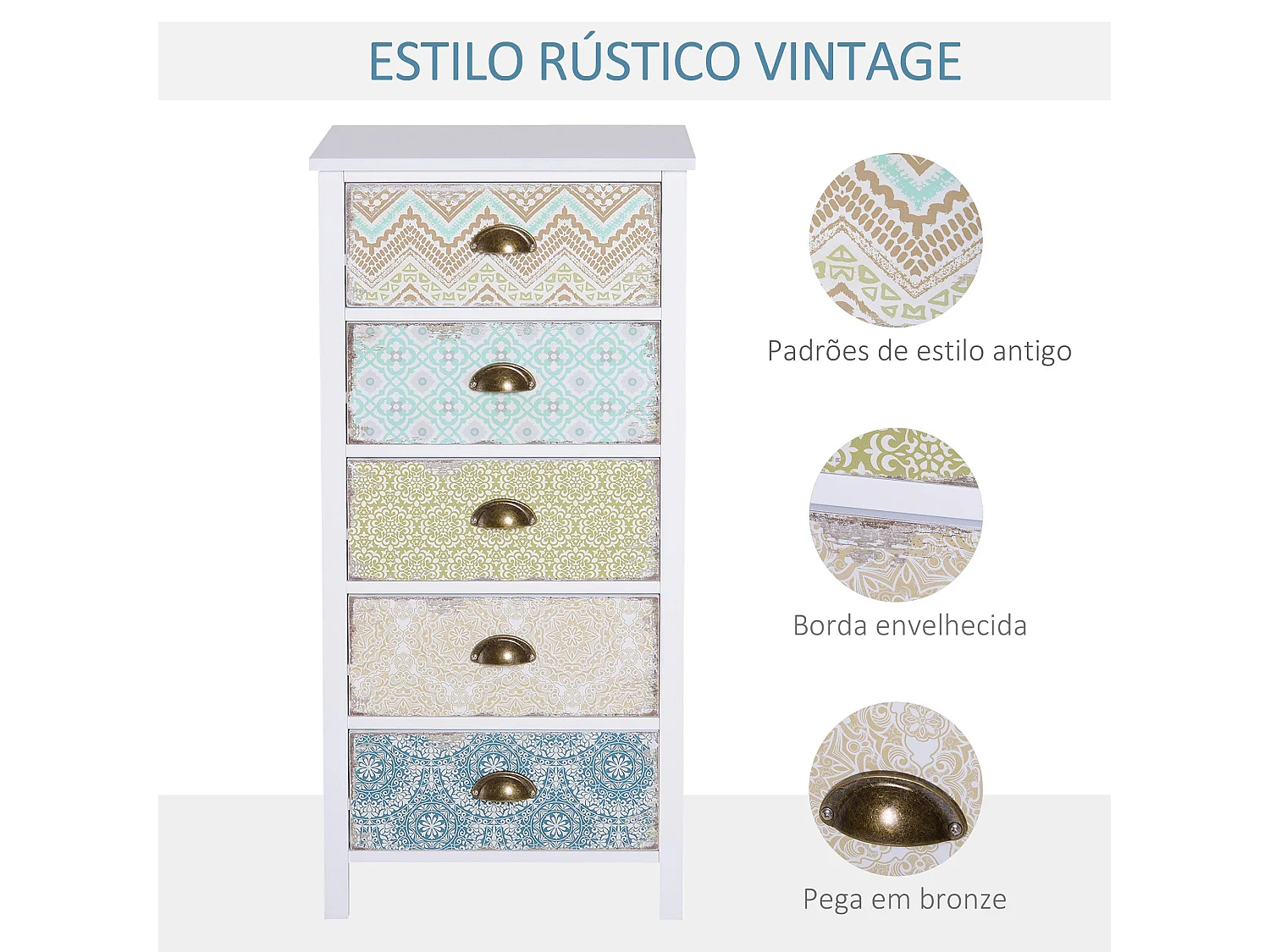 Cómoda Moderna de Madeira com 5 Gavetas Coloridas e Estilo Vintage para Quarto e Sala de Estar