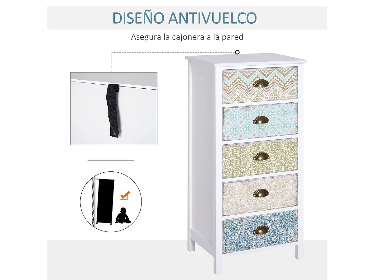 Cómoda Moderna de Madeira com 5 Gavetas Coloridas e Estilo Vintage para Quarto e Sala de Estar