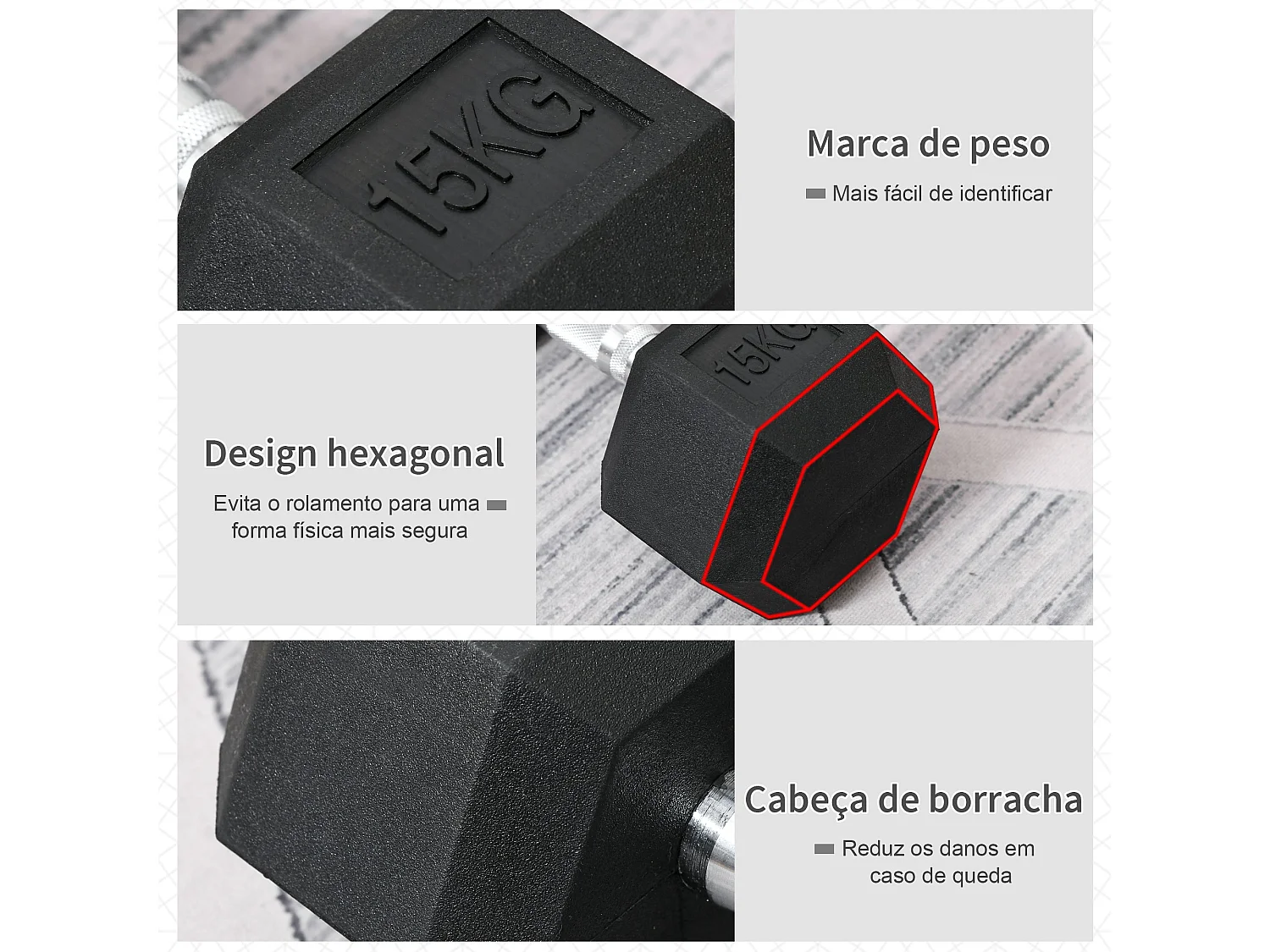 Haltere Hexagonal de 15 kg com Barra de Conexão Metálica para Treinos em Casa ou Escritório - Modelo Chamonix Preto e Prata