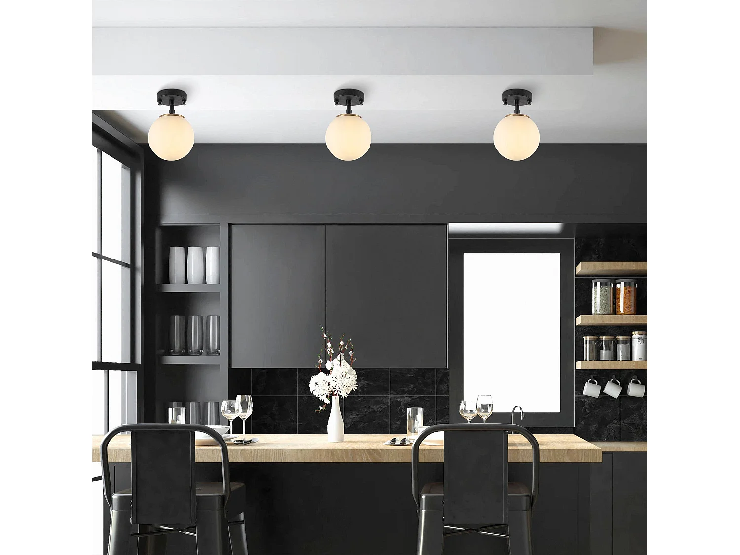 Plafonnier lampe sphérique Acresh Ø15cm Verre Blanc et Métal Noir