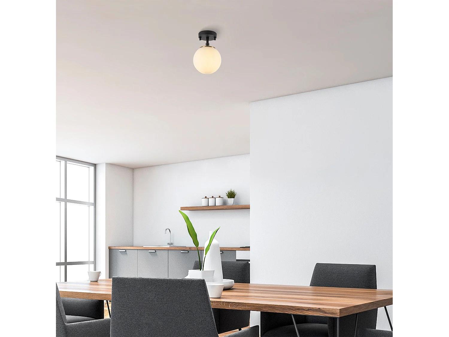 Plafonnier lampe sphérique Acresh Ø15cm Verre Blanc et Métal Noir