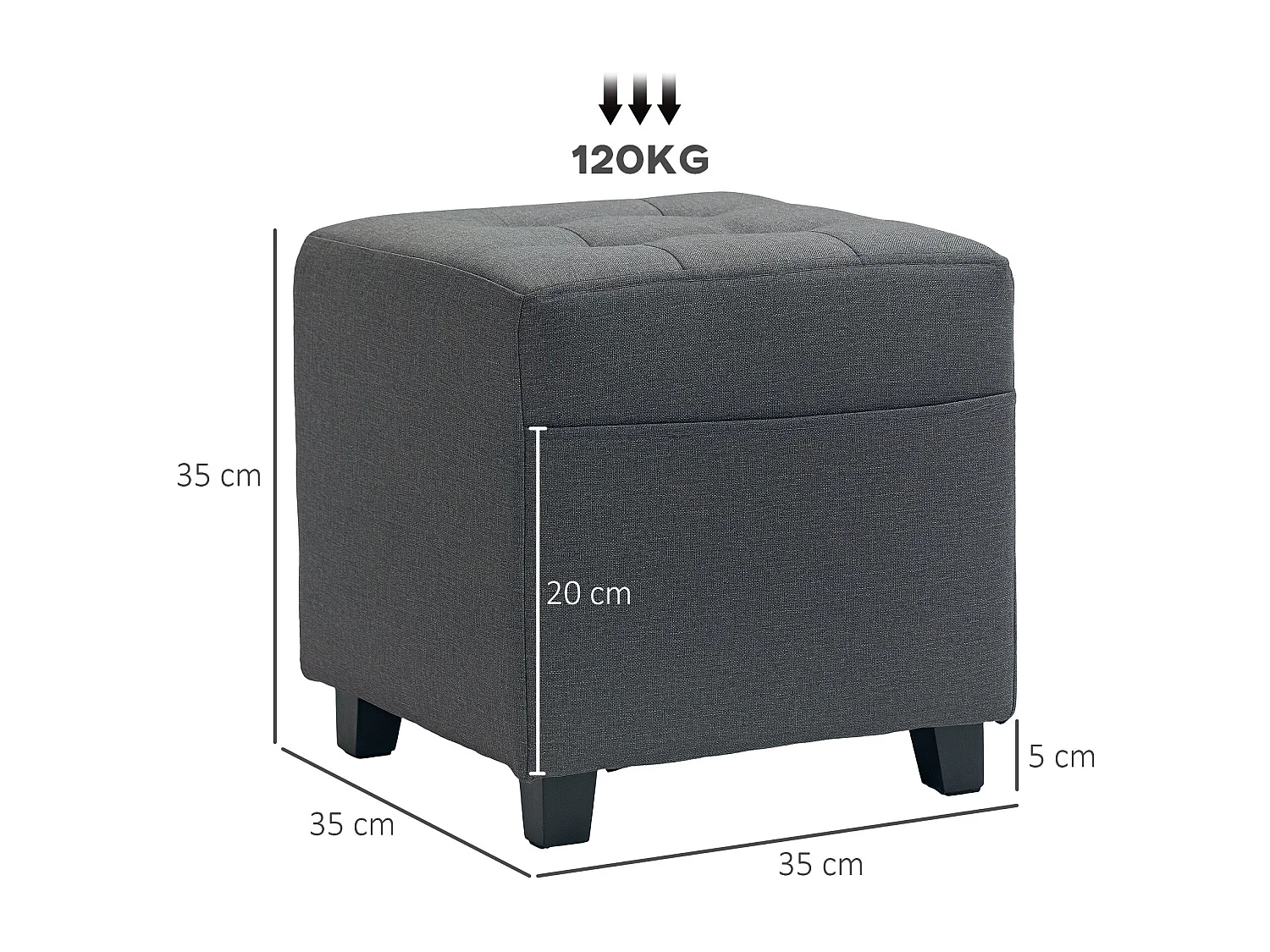 Puff Estofado Compacto Cinza com Bolso Lateral e Botões para Sala de Estar ou Quarto