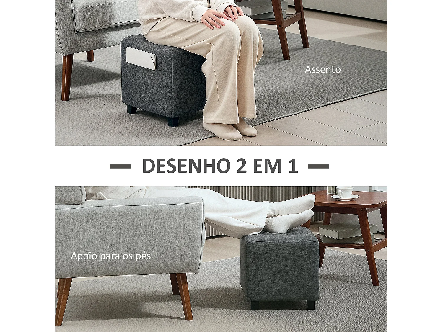 Puff Estofado Compacto Cinza com Bolso Lateral e Botões para Sala de Estar ou Quarto