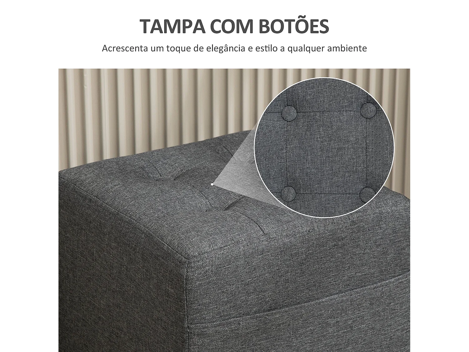Puff Estofado Compacto Cinza com Bolso Lateral e Botões para Sala de Estar ou Quarto
