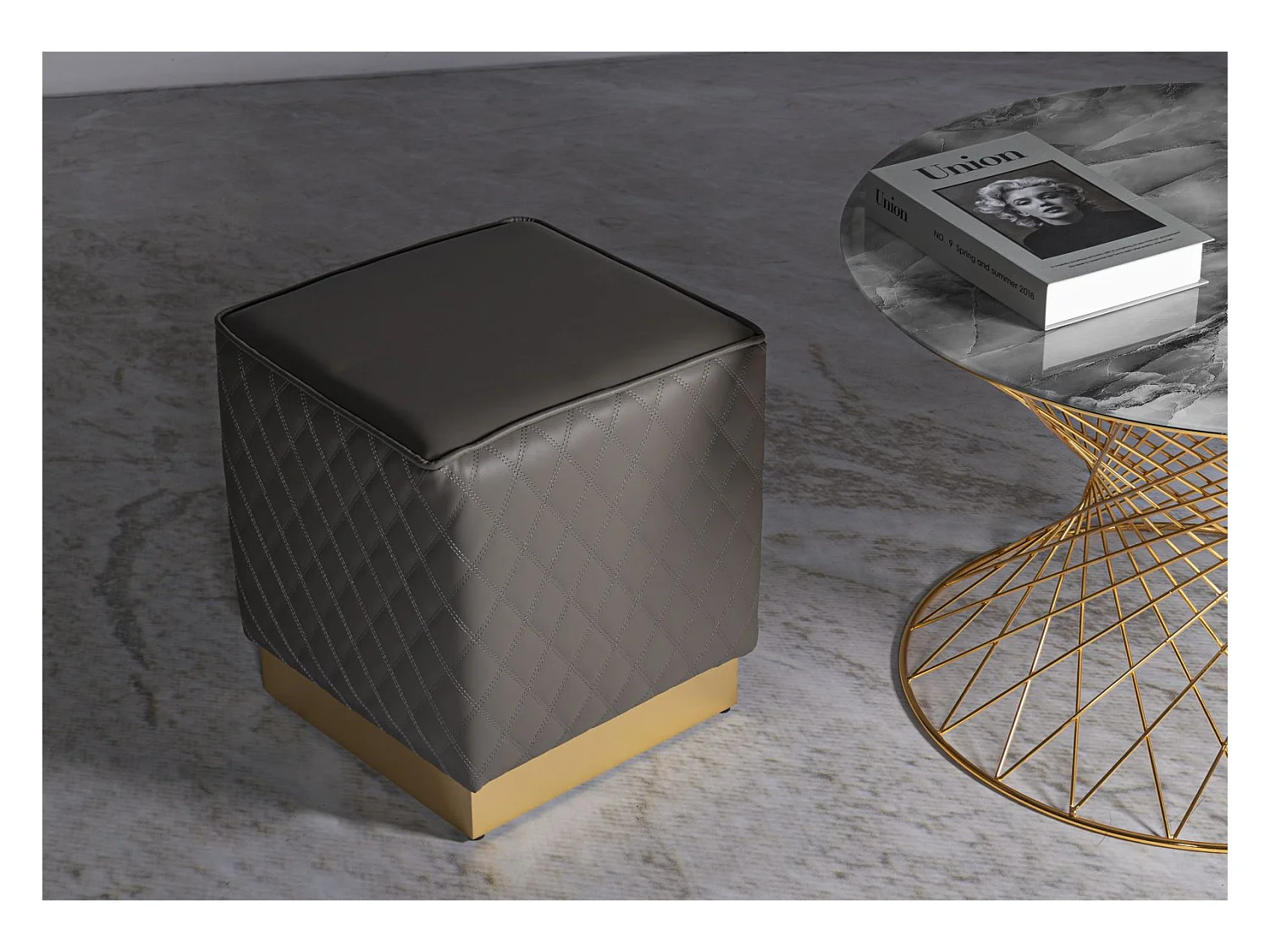 Pouf Matelassé "Sharon" 38cm Gris & Or