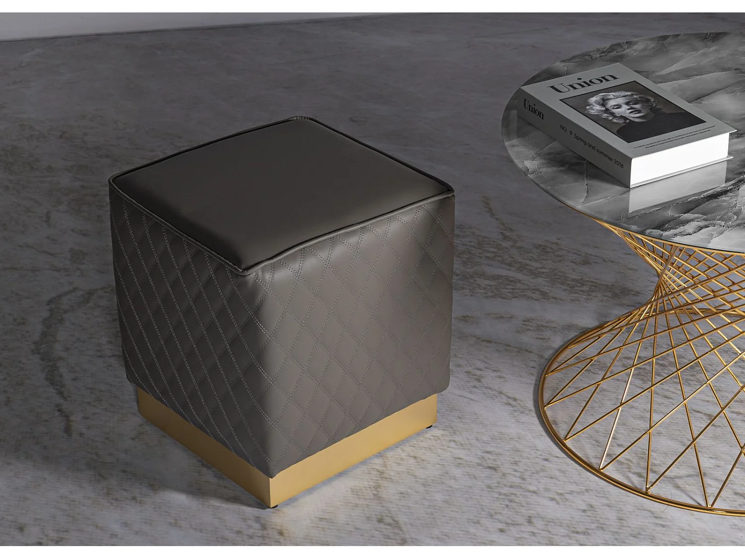 Pouf Matelassé "Sharon" 38cm Gris & Or