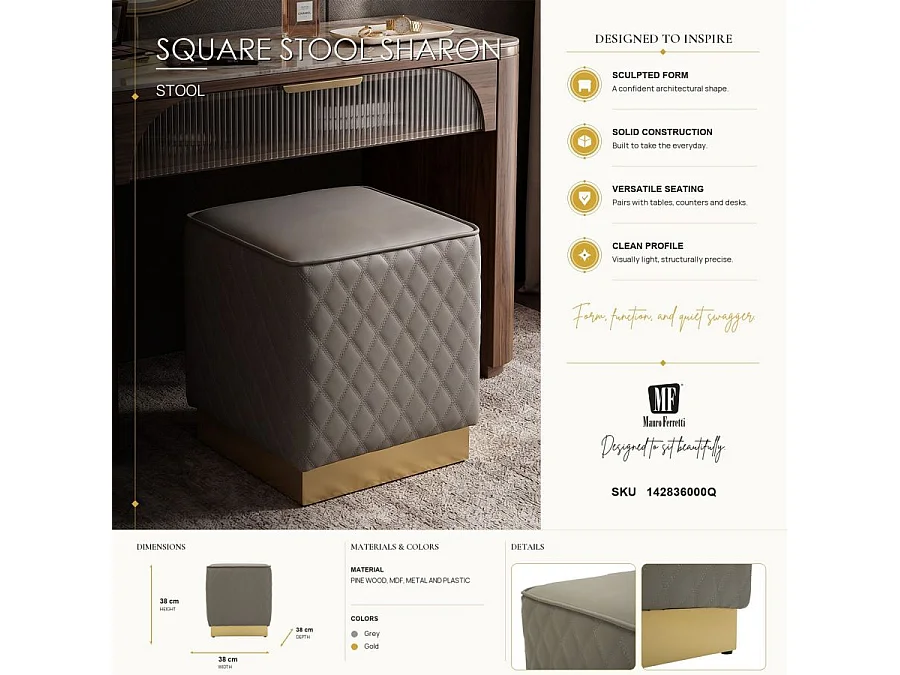 Pouf Matelassé "Sharon" 38cm Gris & Or