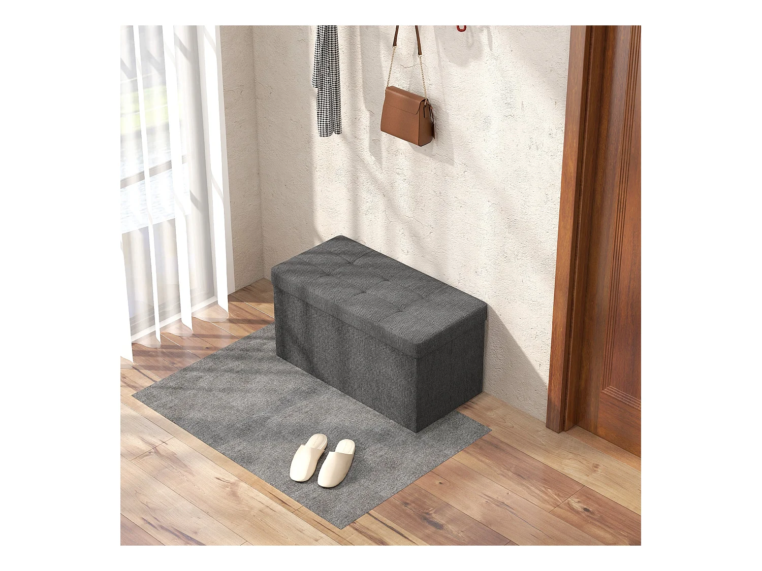 Baú de Armazenamento Dobrável Estofado em Linho Sintético para Organização de Casa 84L Cinza Escuro