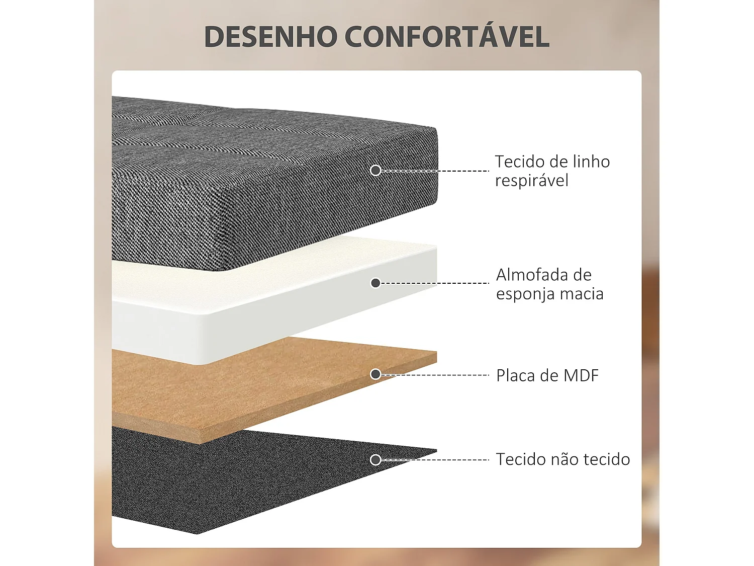 Baú de Armazenamento Dobrável Estofado em Linho Sintético para Organização de Casa 84L Cinza Escuro