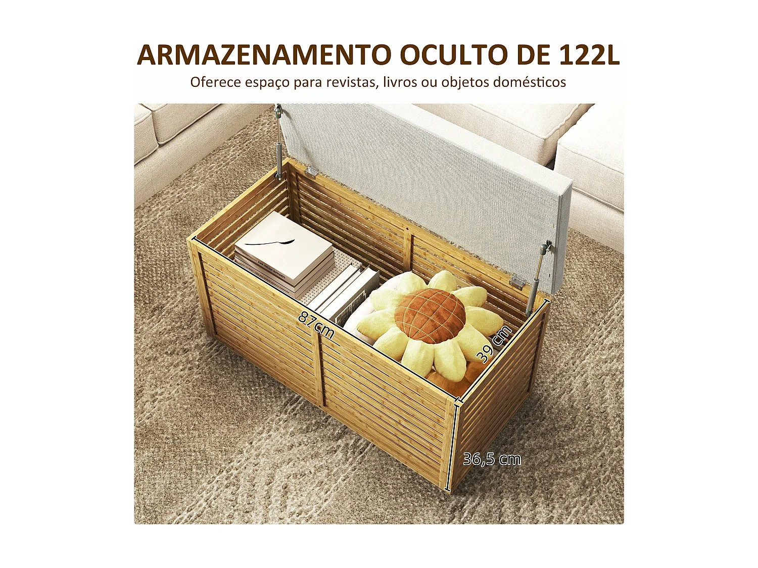 Baú de Arrumação Estofado em Linho Sintético com Estrutura de Bambu 122L - Modelo Cefalù