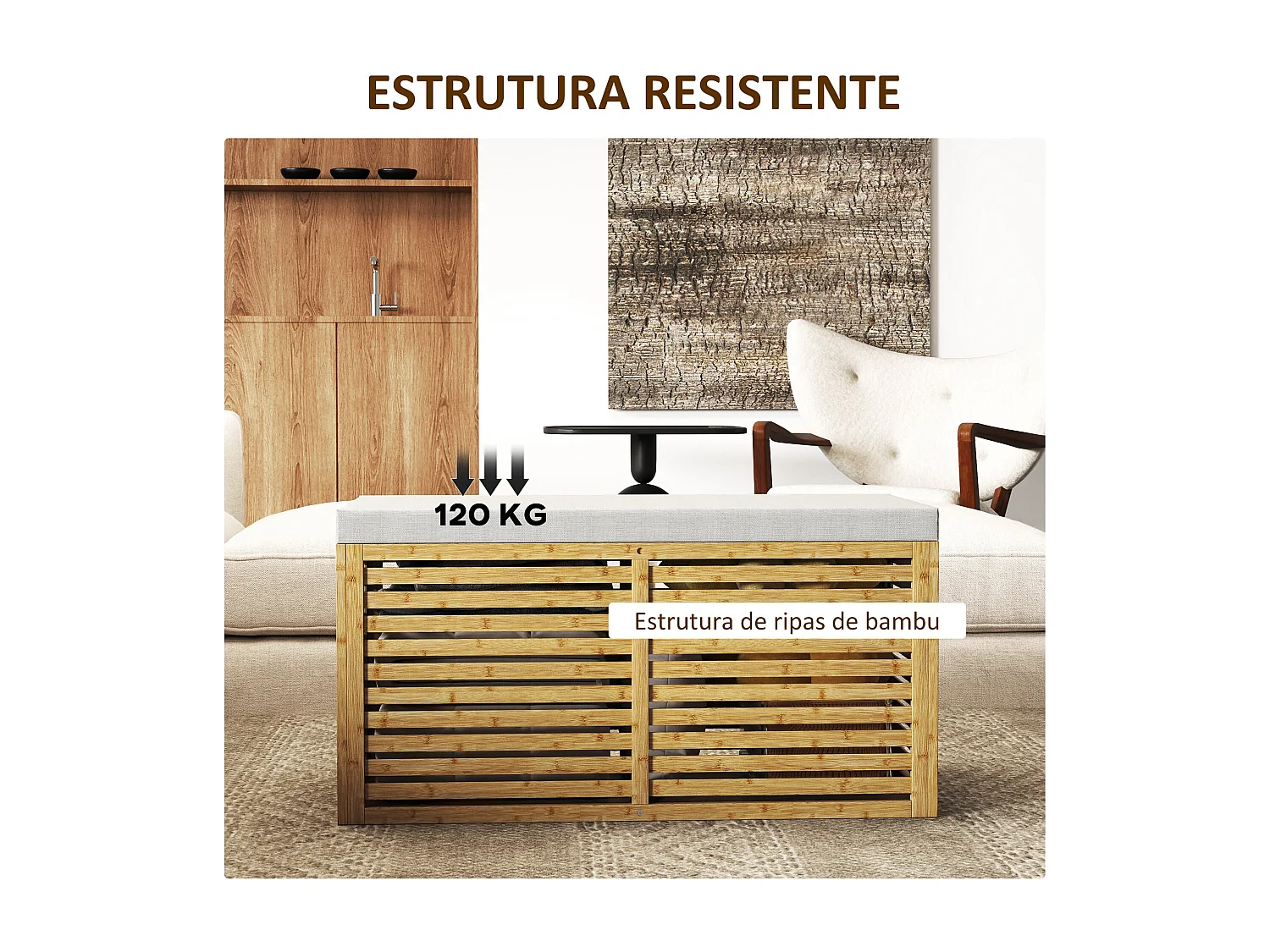 Baú de Arrumação Estofado em Linho Sintético com Estrutura de Bambu 122L - Modelo Cefalù