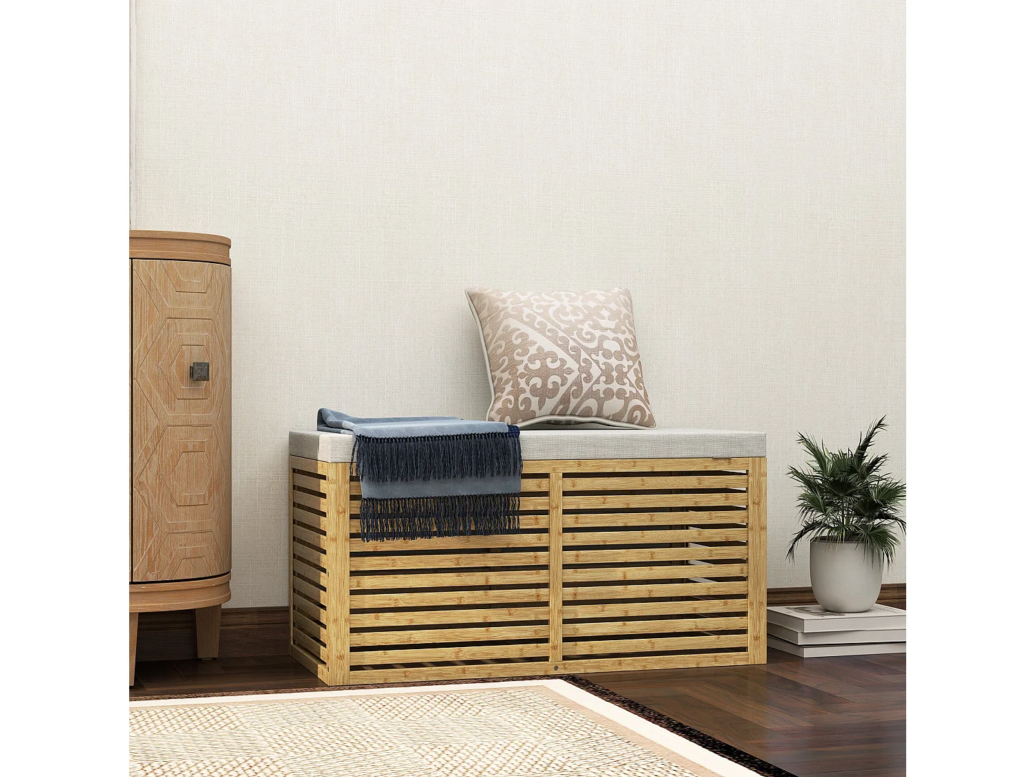 Baú de Arrumação Estofado em Linho Sintético com Estrutura de Bambu 122L - Modelo Cefalù