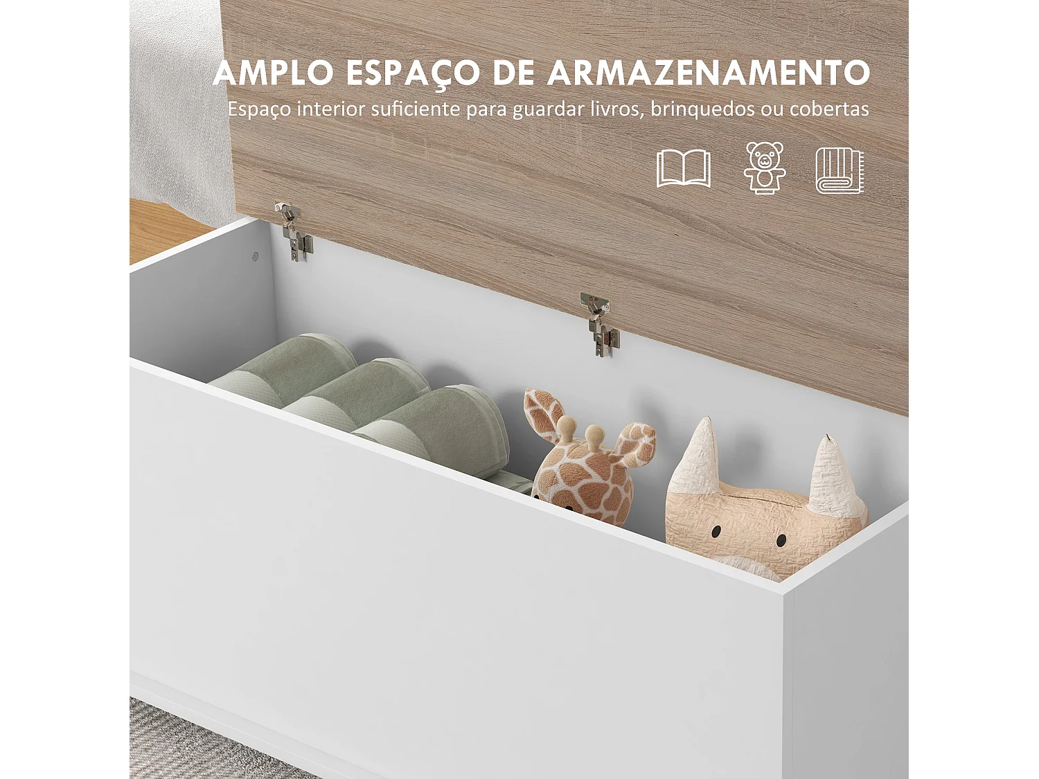 Baú de Armazenamento de Madeira Estilo Moderno para Quarto e Sala – Carga Máxima de 60kg, 100x40x40 cm, Branco e Madeira – Modelo Biarritz