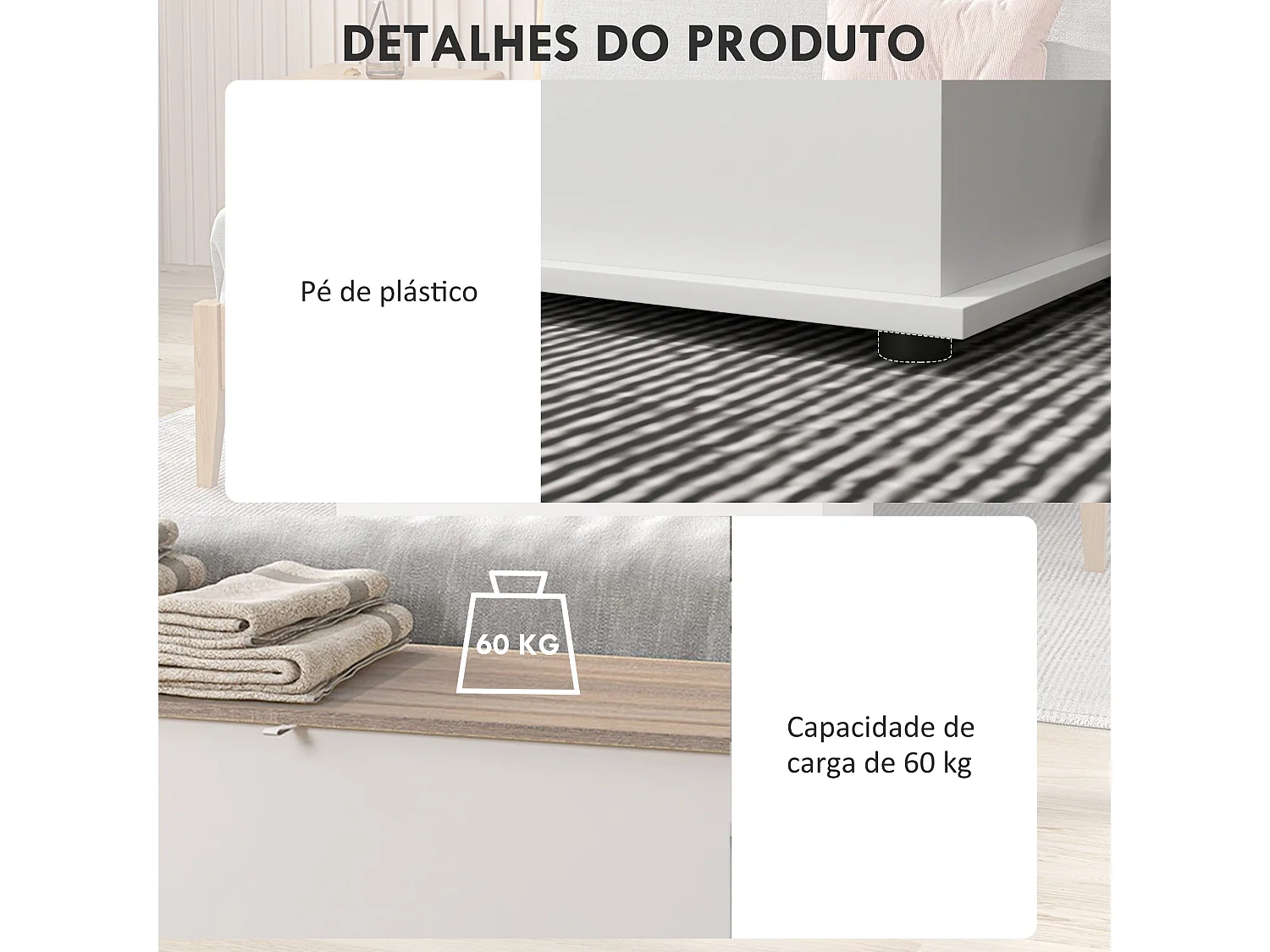 Baú de Armazenamento de Madeira Estilo Moderno para Quarto e Sala – Carga Máxima de 60kg, 100x40x40 cm, Branco e Madeira – Modelo Biarritz