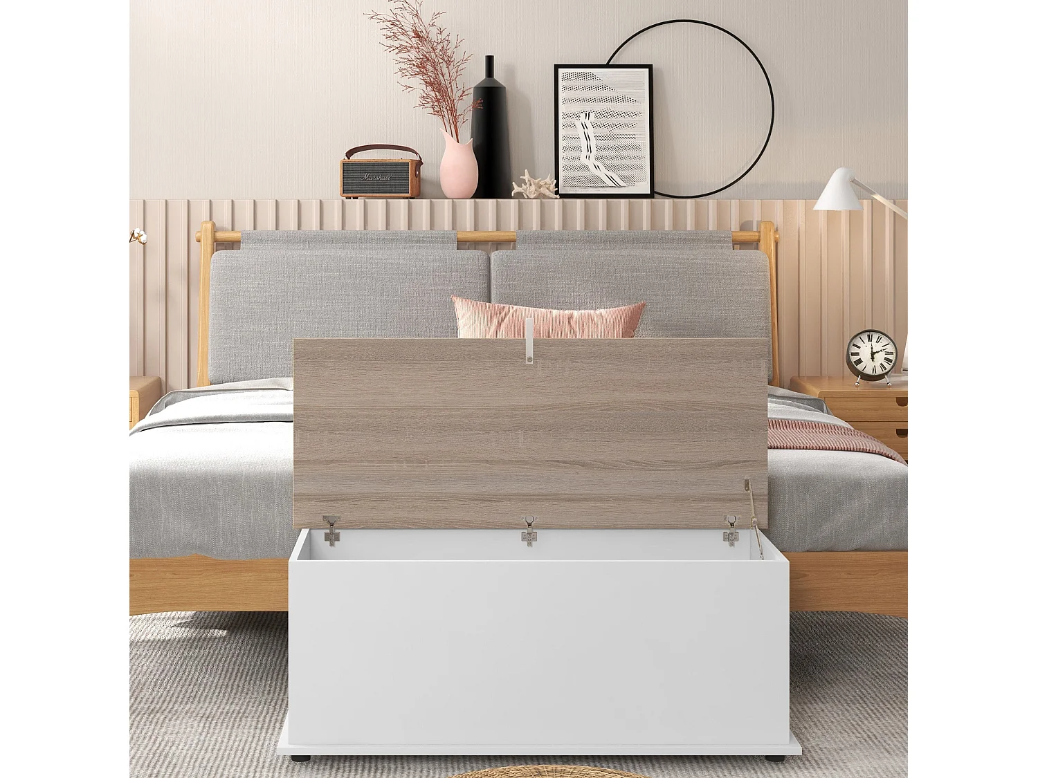 Baú de Armazenamento de Madeira Estilo Moderno para Quarto e Sala – Carga Máxima de 60kg, 100x40x40 cm, Branco e Madeira – Modelo Biarritz