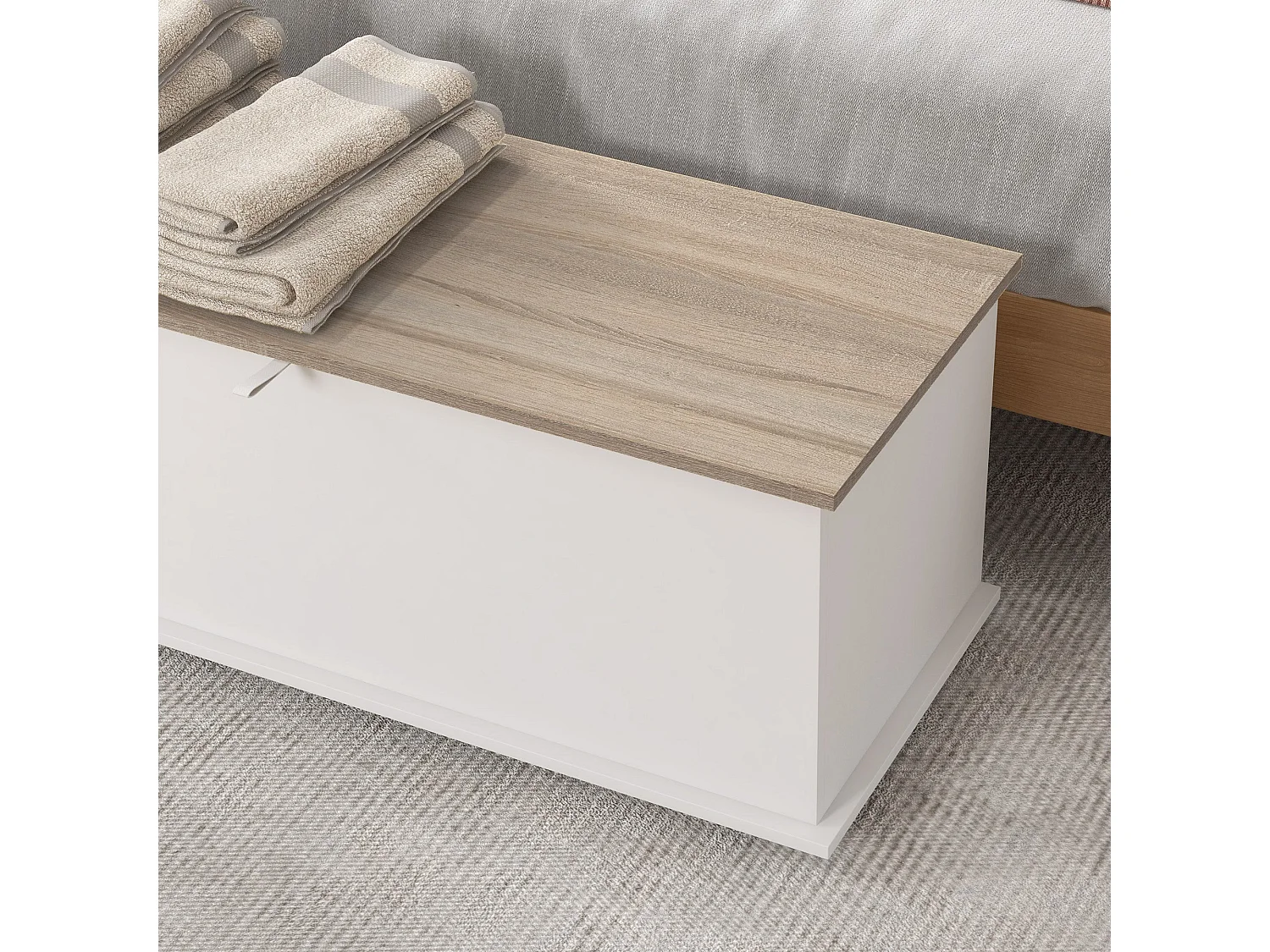 Baú de Armazenamento de Madeira Estilo Moderno para Quarto e Sala – Carga Máxima de 60kg, 100x40x40 cm, Branco e Madeira – Modelo Biarritz