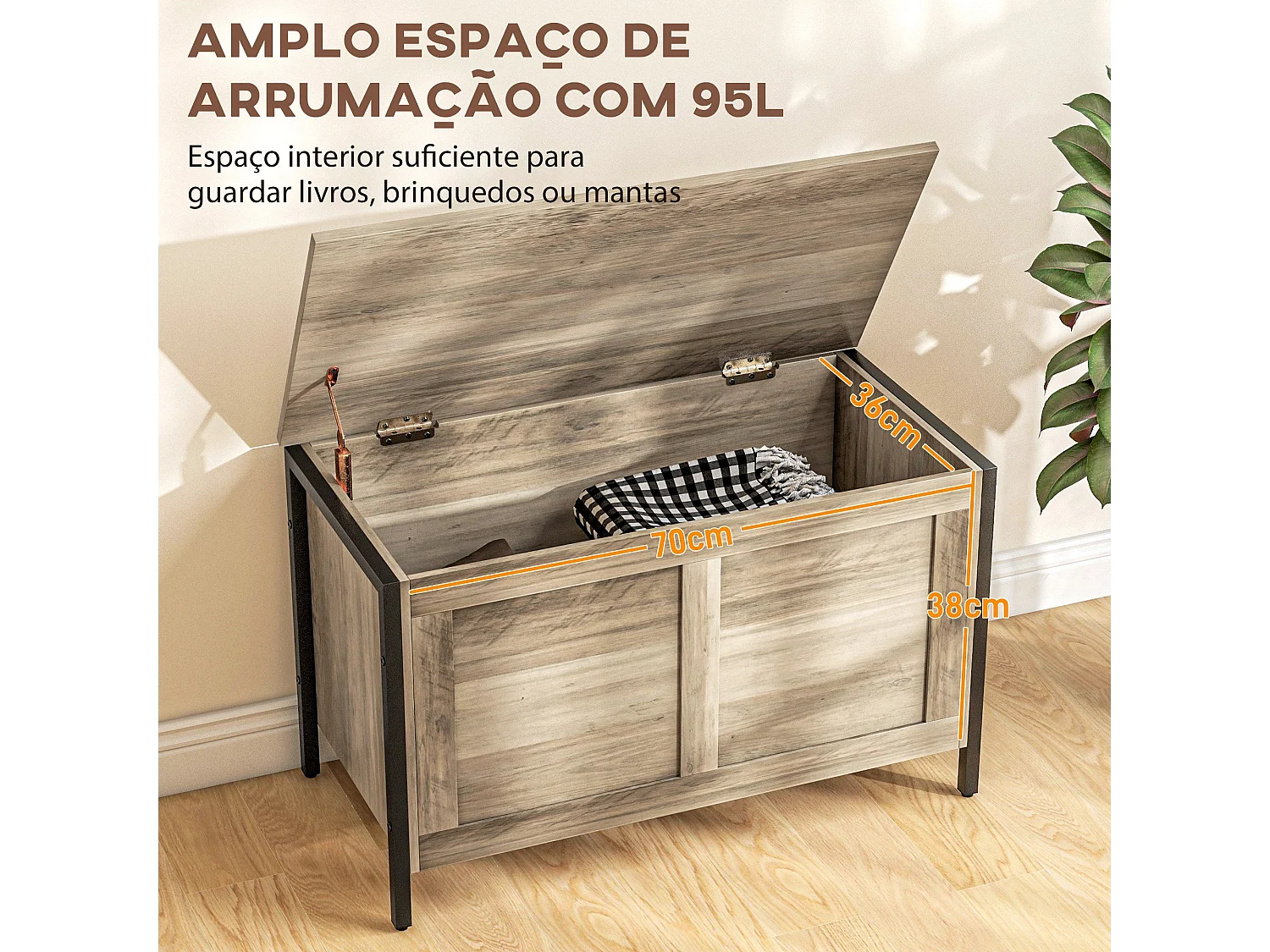 Baú de Armazenamento Versátil para Sala e Quarto – Modelo Lyon 95L com Dobradiça de Segurança e Design Moderno