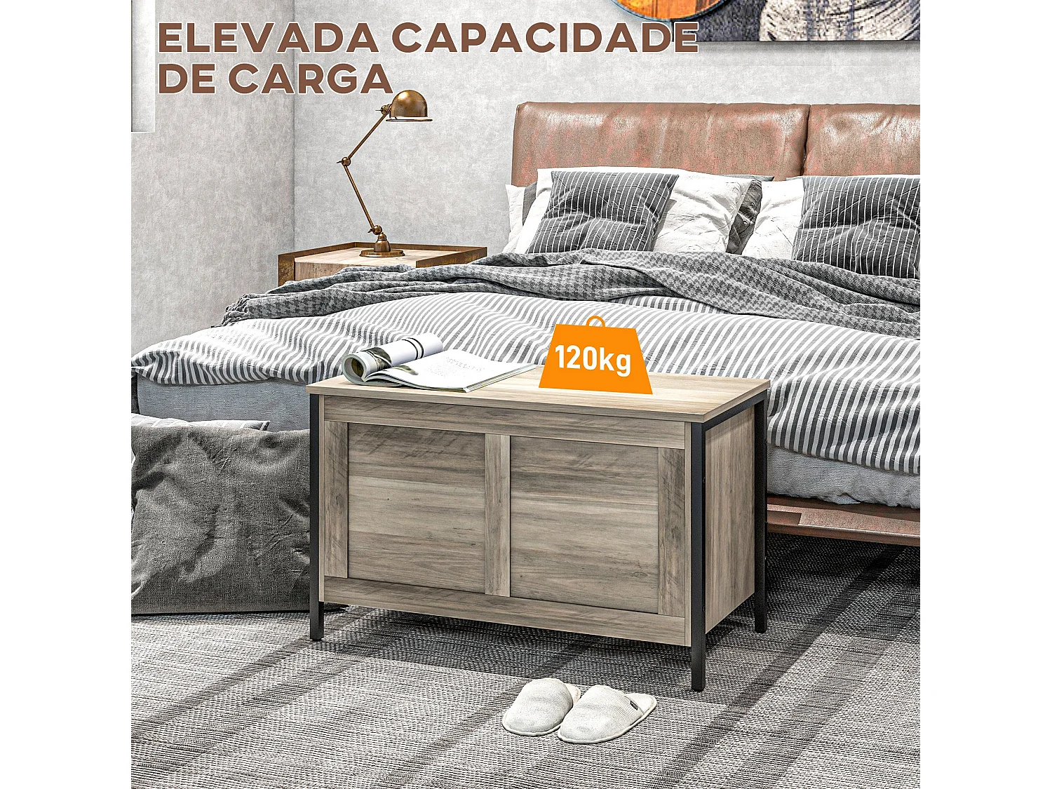 Baú de Armazenamento Versátil para Sala e Quarto – Modelo Lyon 95L com Dobradiça de Segurança e Design Moderno