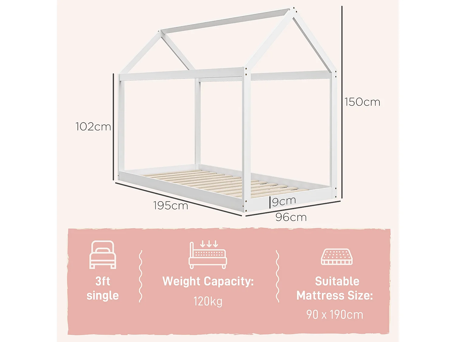 Cama Individual de Madeira em Forma de Casa 90x190 cm para Quarto Infantil - Modelo Avignon em Branco