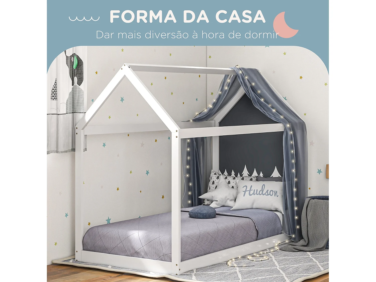 Cama Individual de Madeira em Forma de Casa 90x190 cm para Quarto Infantil - Modelo Avignon em Branco