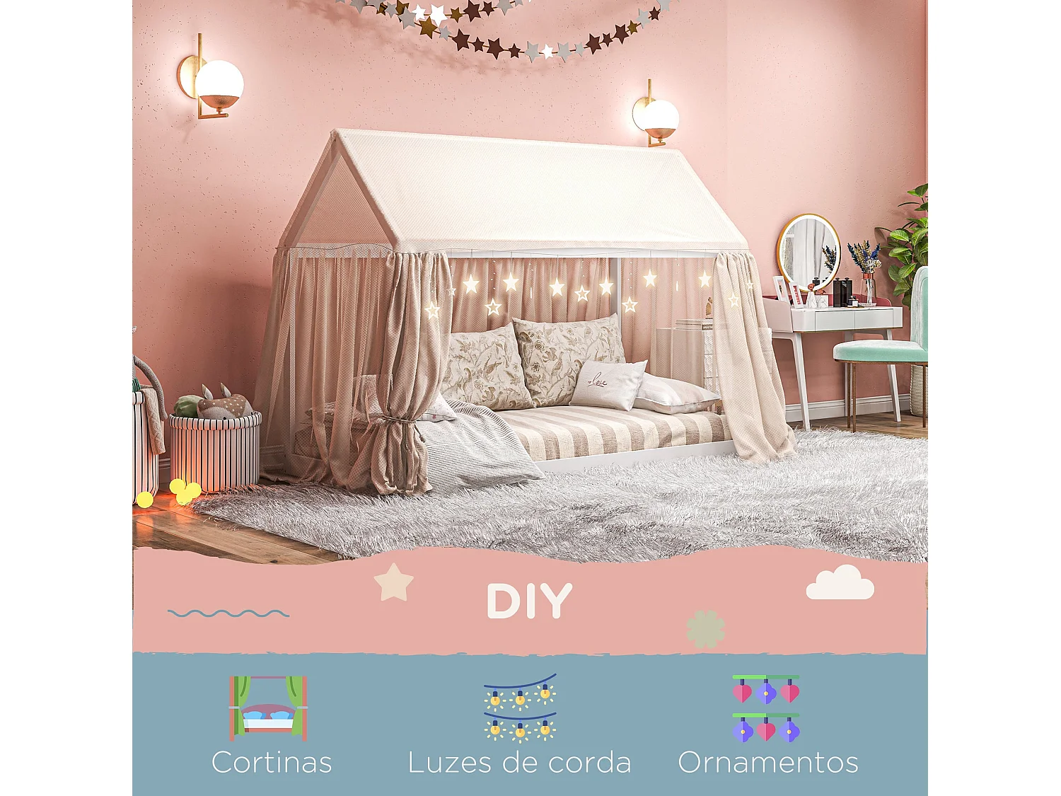 Cama Individual de Madeira em Forma de Casa 90x190 cm para Quarto Infantil - Modelo Avignon em Branco