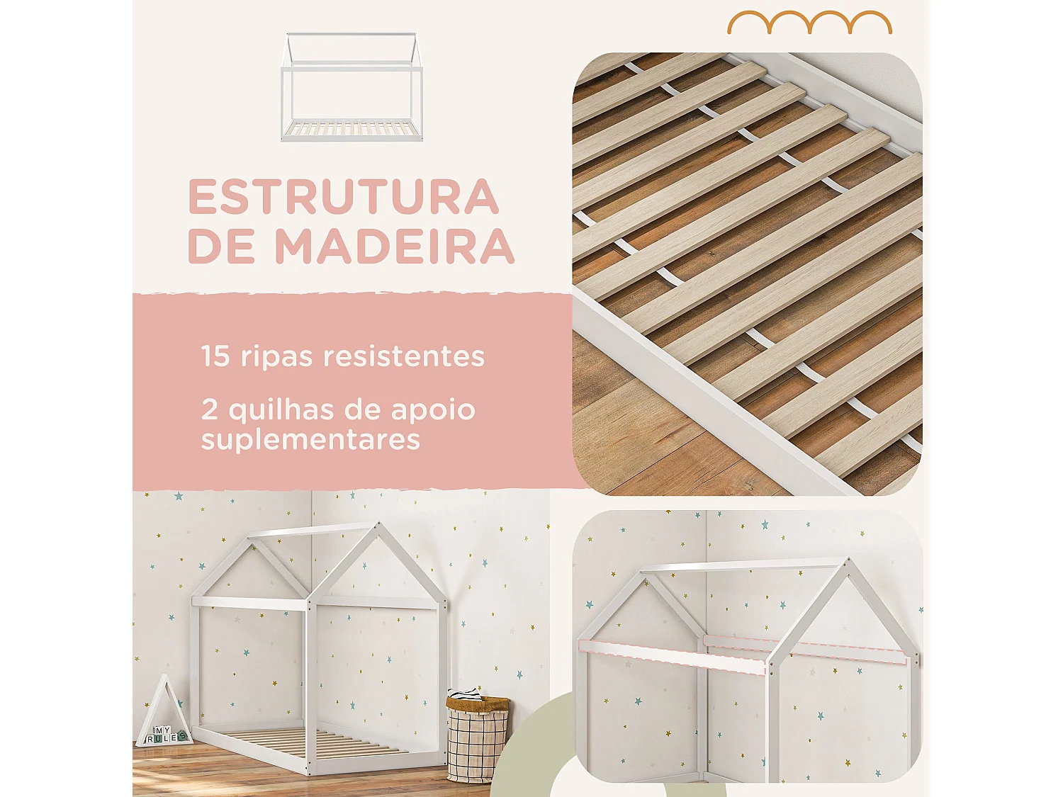 Cama Individual de Madeira em Forma de Casa 90x190 cm para Quarto Infantil - Modelo Avignon em Branco