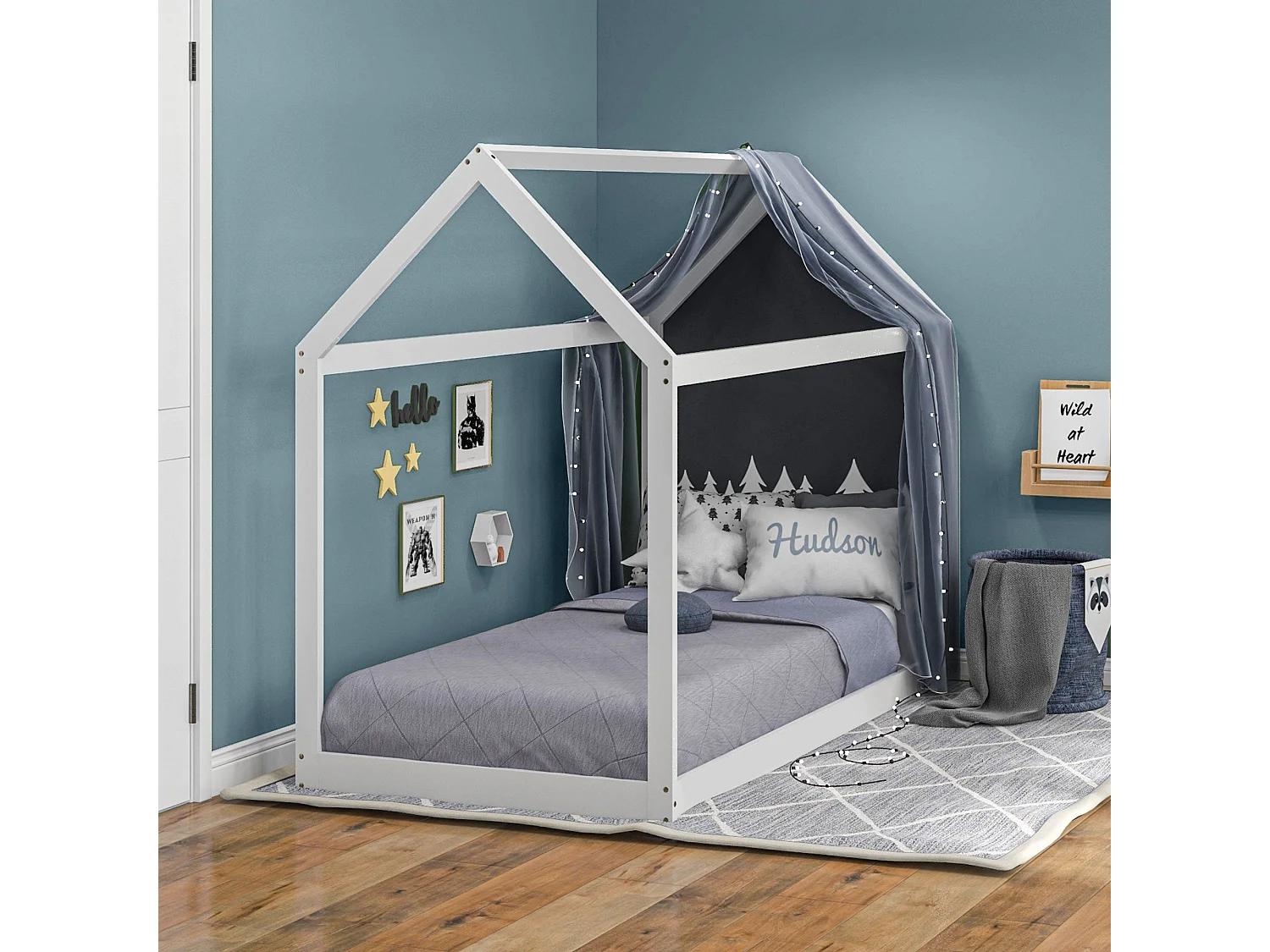 Cama Individual de Madeira em Forma de Casa 90x190 cm para Quarto Infantil - Modelo Avignon em Branco