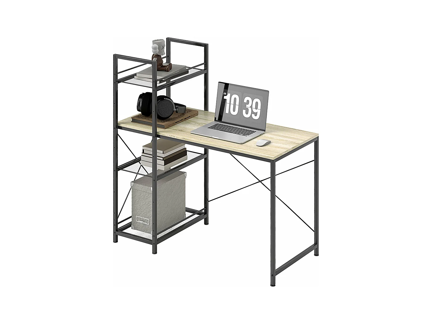 Escritorio Melón Homcom + estantería reversible natural/negro 115,5x110x53 cm