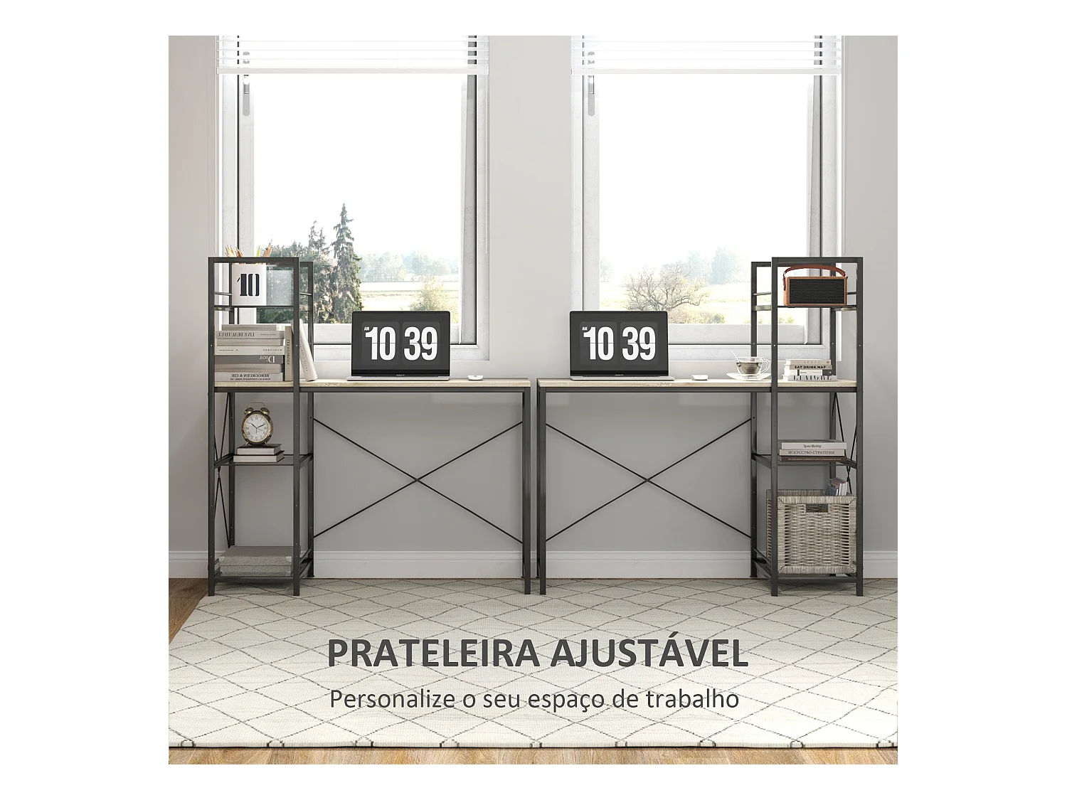 Escritorio Melón Homcom + estantería reversible natural/negro 115,5x110x53 cm