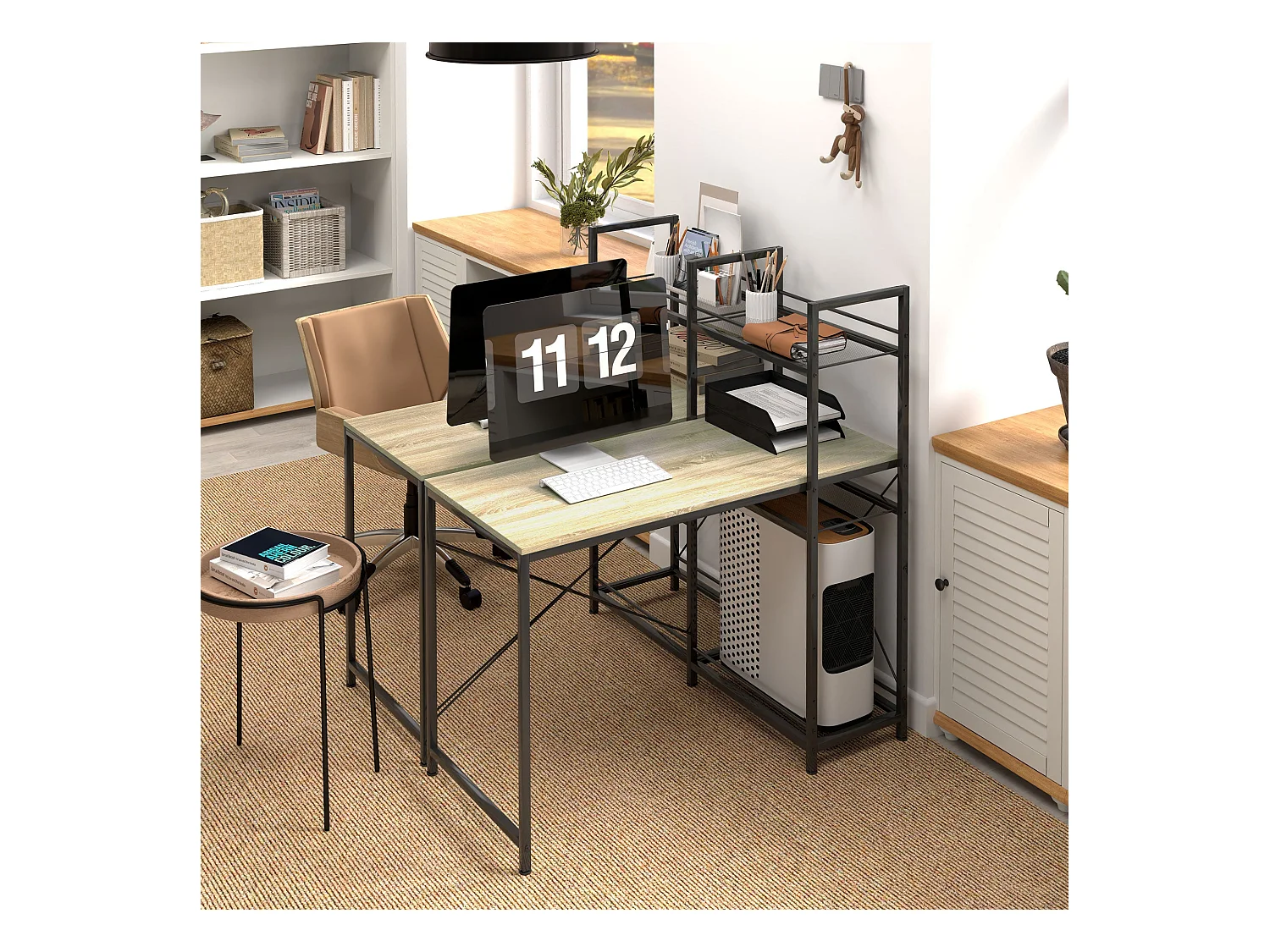 Escritorio Melón Homcom + estantería reversible natural/negro 115,5x110x53 cm