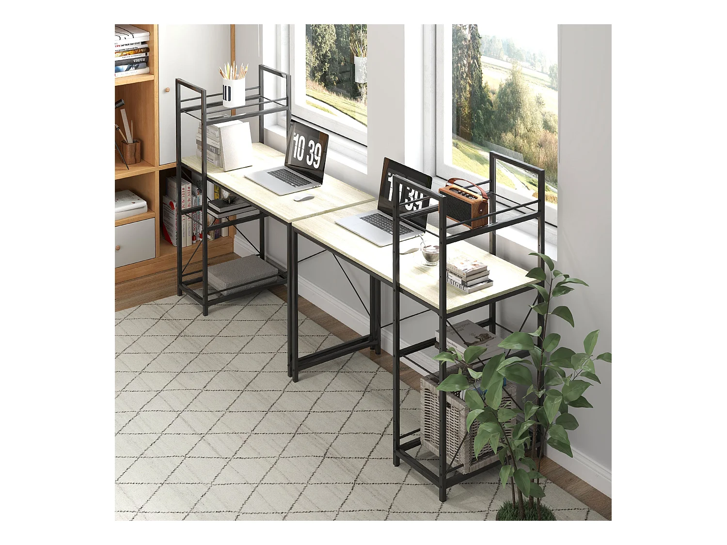 Escritorio Melón Homcom + estantería reversible natural/negro 115,5x110x53 cm