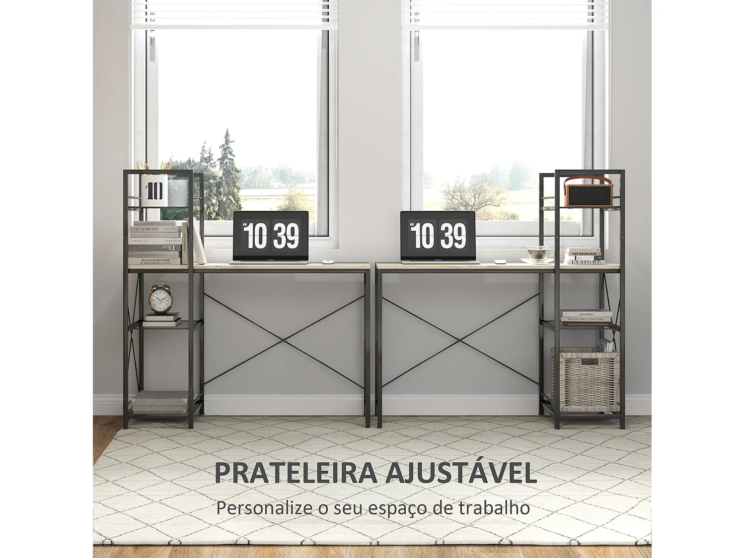 Escritorio Melón Homcom + estantería reversible natural/negro 115,5x110x53 cm