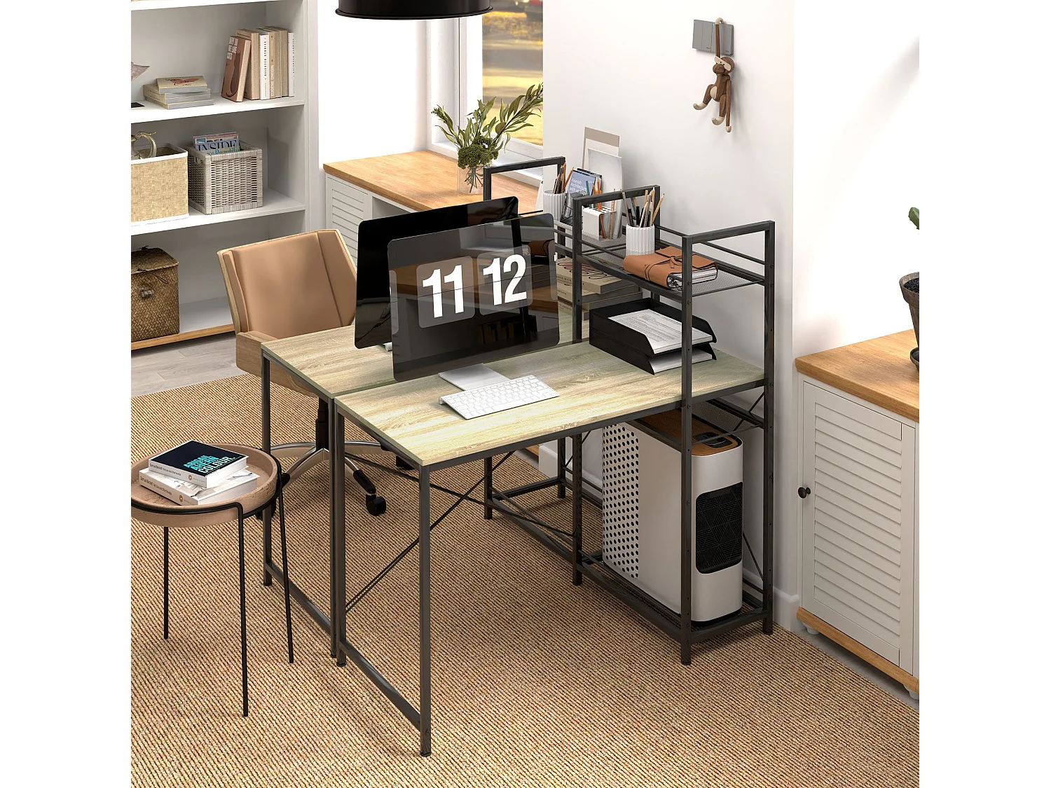 Escritorio Melón Homcom + estantería reversible natural/negro 115,5x110x53 cm