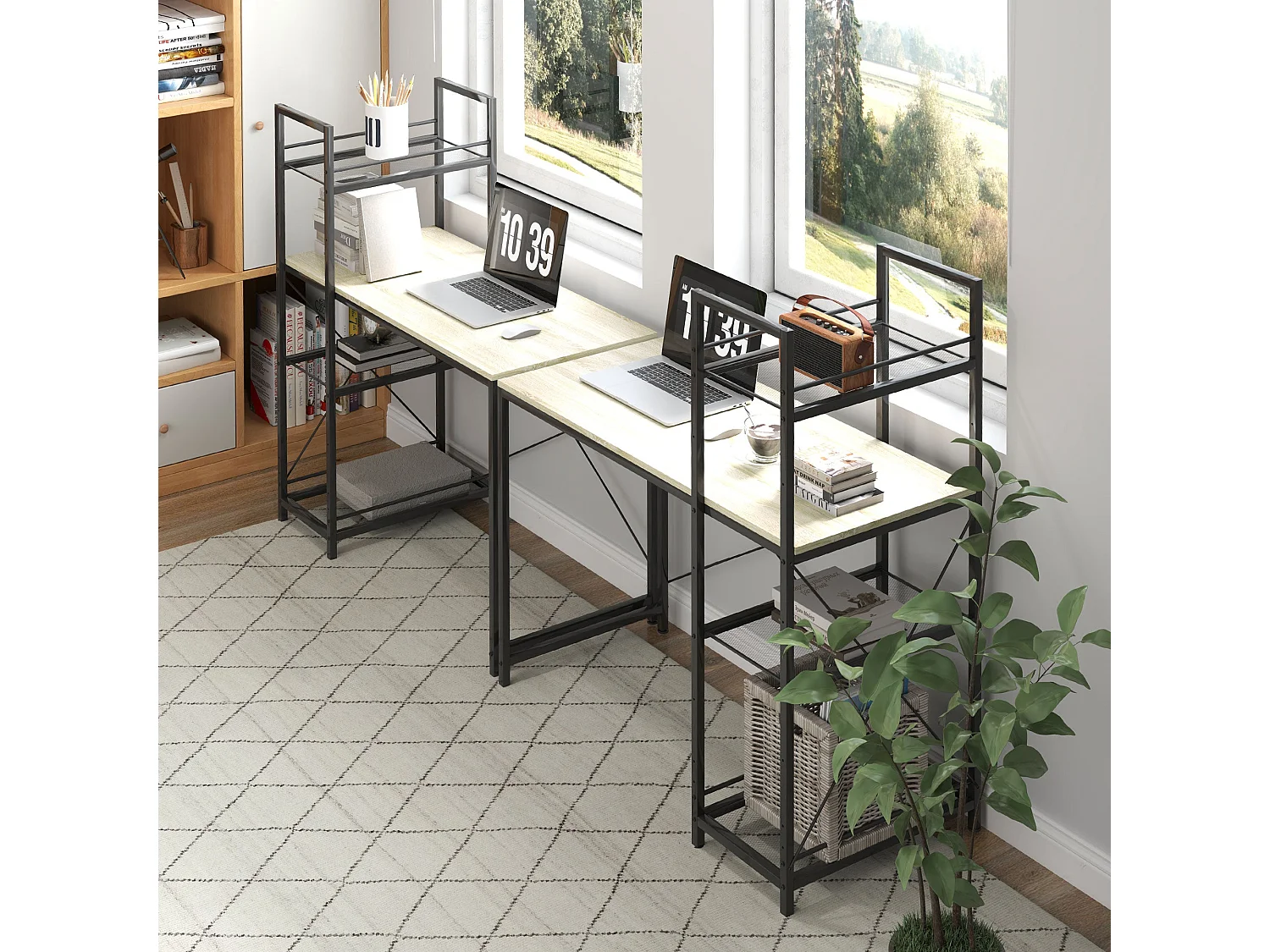 Escritorio Melón Homcom + estantería reversible natural/negro 115,5x110x53 cm