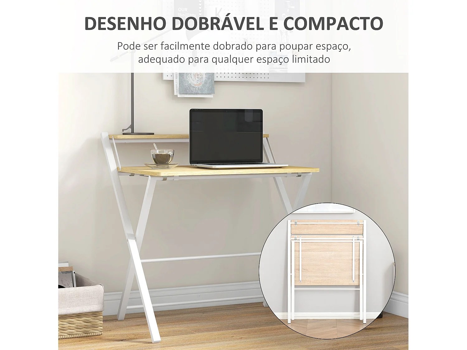Escritorio Botel Homcom pregable con estante blanco/natural 84x81,5x70 cm