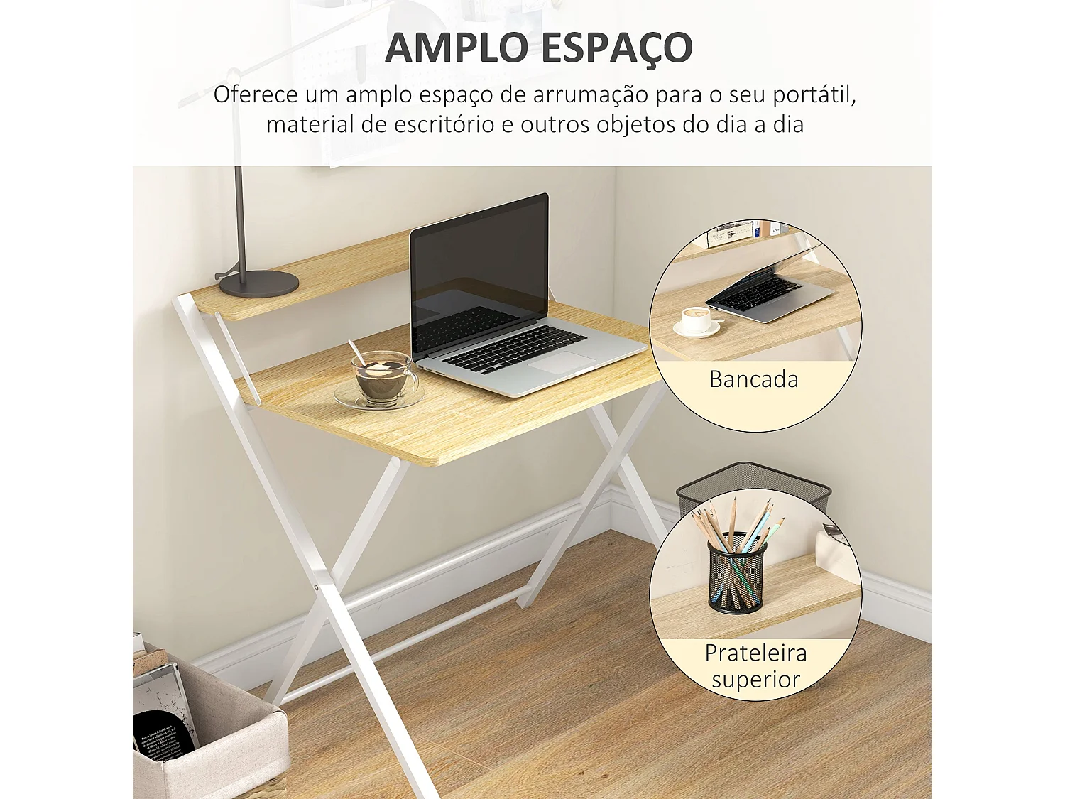 Escritorio Botel Homcom pregable con estante blanco/natural 84x81,5x70 cm
