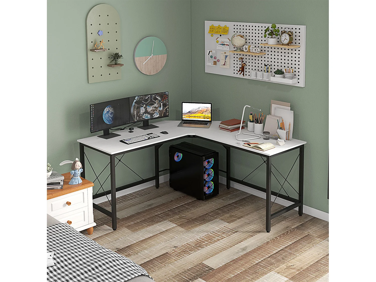 Escritorio Frambuesa Homcom diseño esquinero blanco 76x150x150 cm