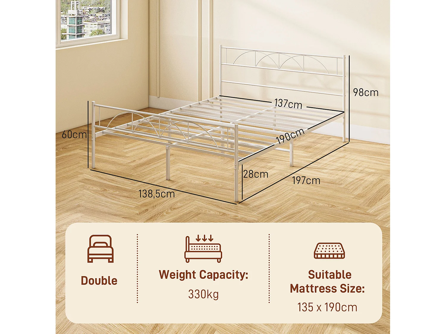 Cama de Casal 135x190 cm com Estrutura Metálica e Cabeceira Elegante – Modelo Tromsø Branca