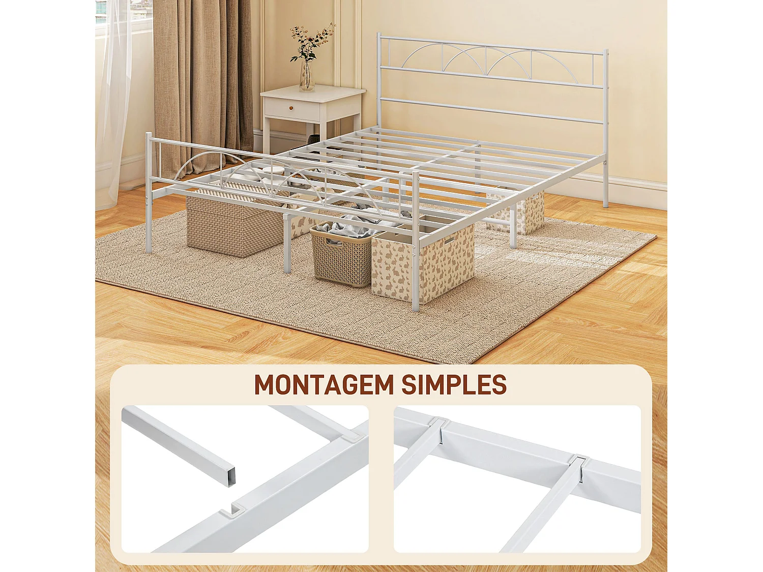 Cama de Casal 135x190 cm com Estrutura Metálica e Cabeceira Elegante – Modelo Tromsø Branca