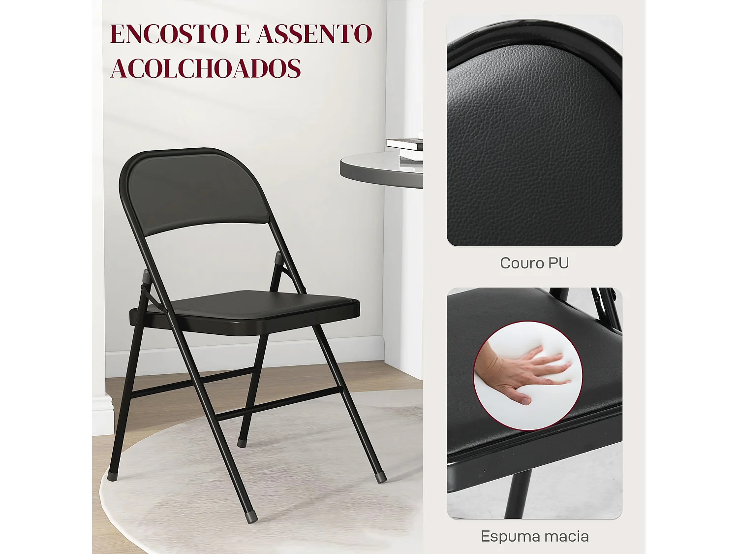 Conjunto de 2 Cadeiras Dobráveis com Encosto e Estrutura de Aço para Sala e Escritório - Modelo Trani Preto 45x46x78 cm
